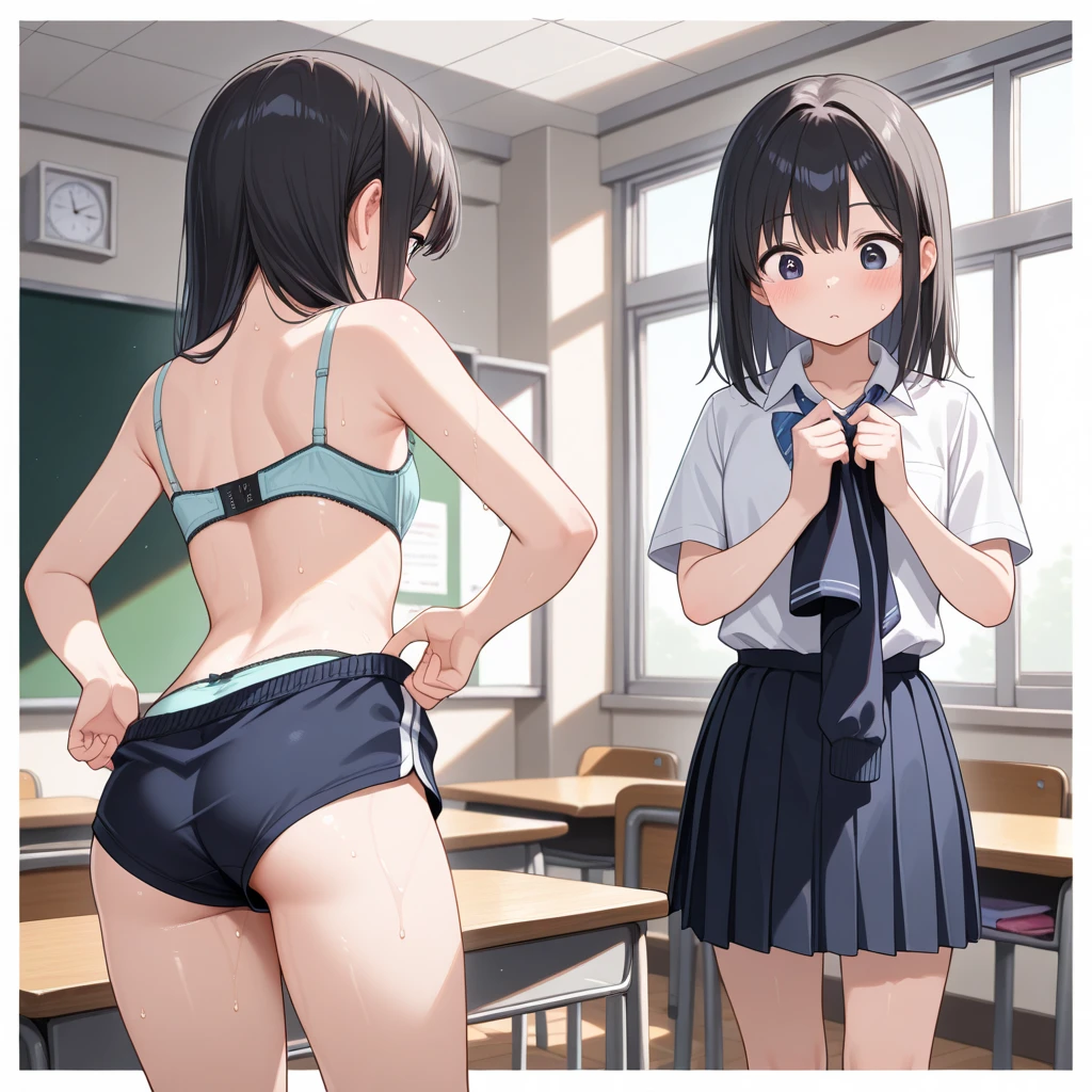 Sisters, ages 17 and 10、Urine-soaked white underwear、Peeing on your own、Standing、Both hands were restrained、classroom
