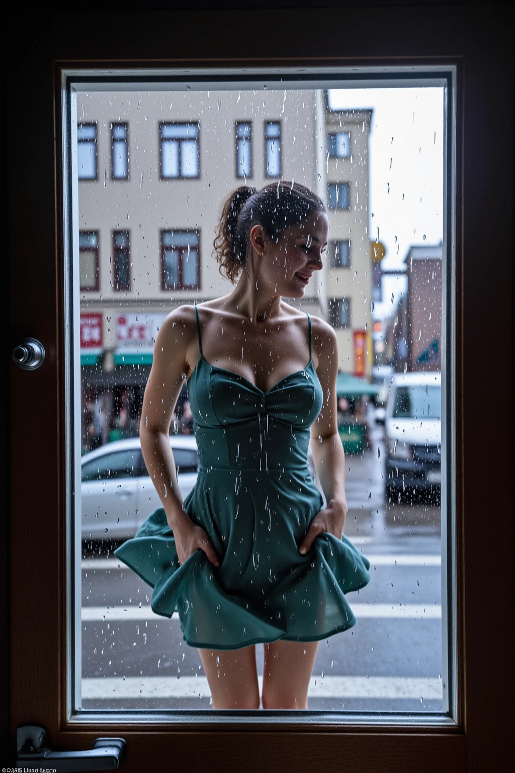 (masterpiece: 1.5) (fotorrealista: 1.1) (8k) (HdR) (cinematic lighting) photographed with a Canon EOS R5, 50mm lens, f/2.8, HdR, (8k) A 28-year-old redhead woman is having a joyful time on a rainy morning in Rome. Her tight sequined dress is completely soaked. She carries her high heels in her hand. Her face expresses joy and euphoria. Her makeup is running down her face in the rain. With her arms raised and her gaze towards the sky, she enjoys the rain falling on her face. Her breasts are drooping.