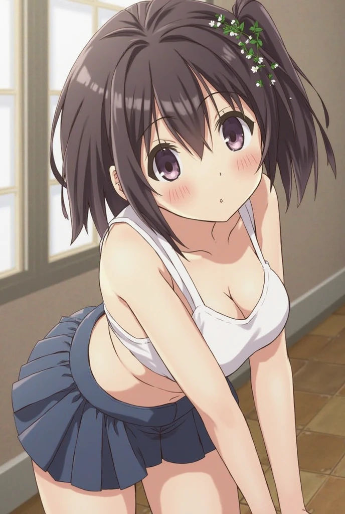shinkai makoto, Kimi No Na Wa., One girl, bangs, Black Hair, blush, Brown eyes, Glowing Skin, Red headband, Red ribbon, Red Bow, Exposing shoulders, Black knee socks, short hair, smile, Open your mouth, cute, alone, Happy, hair ornaments, Bunny ears, Playboy Bunny, Pink leotard, Detachable collar, Looking at the audience, Pink Background, Simple Background, Upper Body, Leaning forward