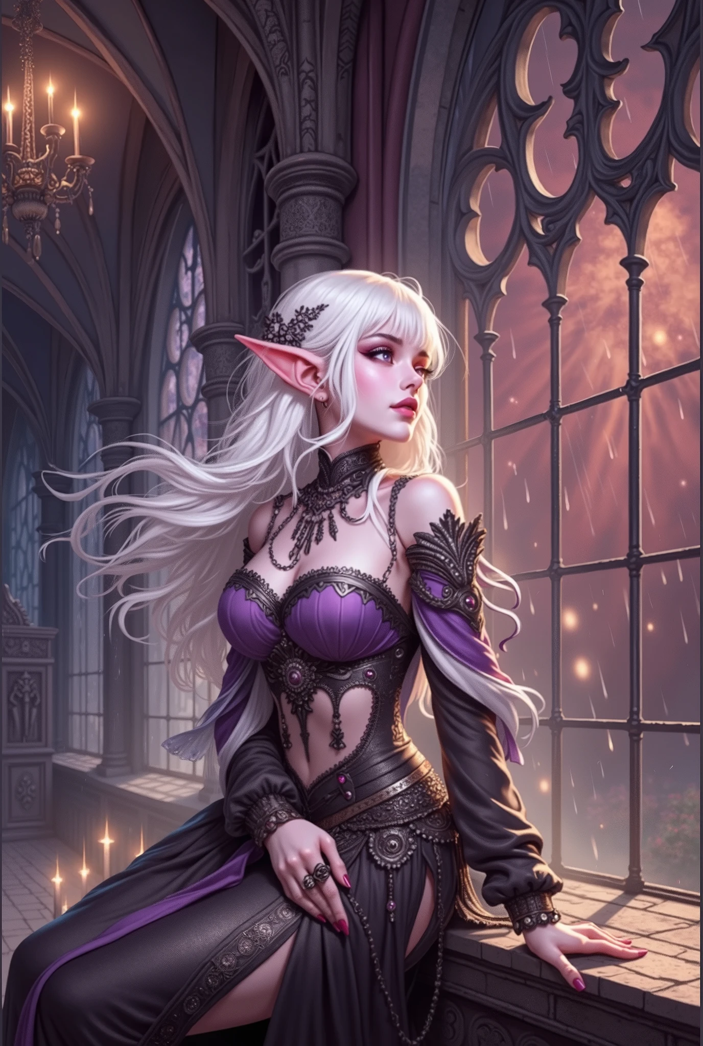 (Ultra-detailed face, Looking Away, Gothic Illustration, Dark Tone Colors.) , BREAK 
(A chapel with large, high windows and medieval Gothic furniture. Lightning shines and strong winds cause rain to beat against the glass of the skylight and stream down. A dark elf woman stands by the window, looking out with a melancholy expression. She has white hair, dark purple skin, an old-fashioned Roma-style belly-dancing dress, and braided sandals. Viewpoint looking up at the woman from below.) , BREAK 
(The female dark elf has white hair and white eyebrows, crisp bangs, long wavy hair to her waist, small pink lips, lavender eyes, dark purple skin, and dark eyeliner.)