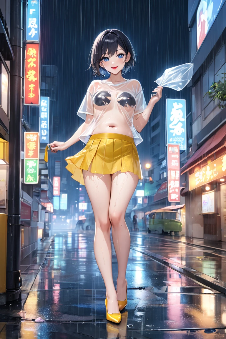 best quality, masterpiece, flat color, cel shading, solid outline, 1 girl, smile, (wink), ultra detailed face, contrapposto, brown bob cut hair with bangs, wet skin, (fluorescent transt lime green color bikini layered transparent raincoat:1.3), hood down, (mediumbreast:1.2), underboob, shopping street of tokyo, (heavy rain in midnight:1.3)