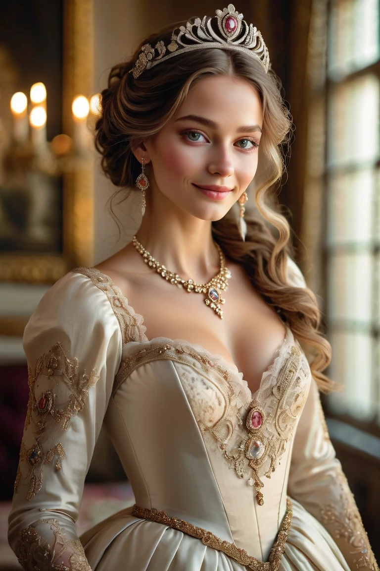 In the mid-16th century, the neckline disappeared and raised collars appeared. Full boy shot, Shoes and fluffy skirts are in fashion; real fashionistas and fashionistas began to use perfume. Later, France begins to dictate fashion again. Laws of beauty appear, and the whole world follows the example of French women. The first editions of style and fashion appear. In the 18th and 19th centuries, fashion included: front sights, wigs, women's corsets, and the Rococo style.full body photography, big breasts, very long eyelashes, long diamond earrings, big diamond collar,4k,8k,high resolution, very detailed face, pink shiny lipgloss, very long eyelashes, blck maskara,full body shot, full body photography, white high heels, standing in a Park,