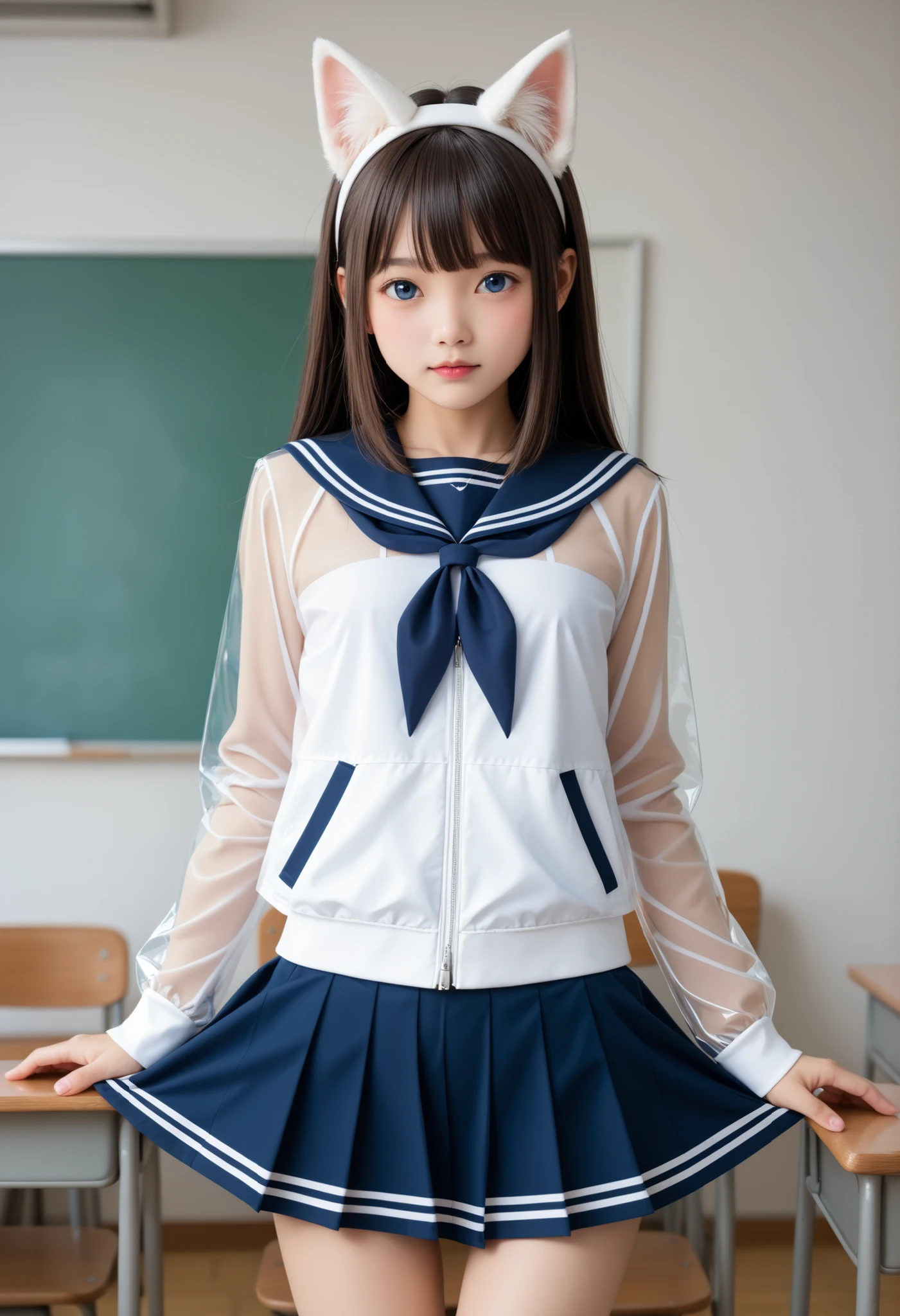 best quality、high resolution、8K Wallpaper、(shape:0.8)、(It's surprisingly cute when viewed from the front:1.6)、detailed face、Full photo 、 CG in detail、(perfect hand in h、perfect anatomy)、young woman、adults、((twin tail hair))、(Swept-apart bangs:1.3)、brown hair、blue eyes、sailor suit、skirt for ears、(white panties)、Classroom、(skirt for earsのリフト:1.1)、(The jacket is see-through and the bra is visible:1.1)、(Transparent jacket:1.weated:1.3)、focus、headband、Bob、nsfw、opening