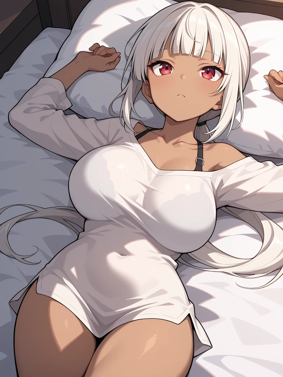 1girl, long white hair, brown skin color, lie on coach, big breast, huge butt, watch tv