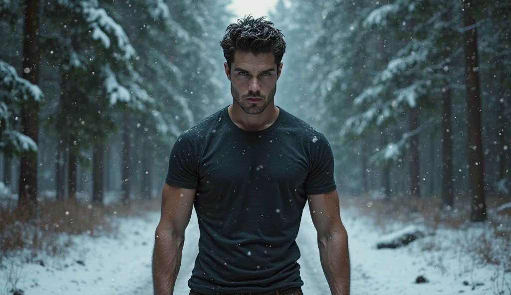 Lumberjack in the rain without shirt and without pants with tight underwear