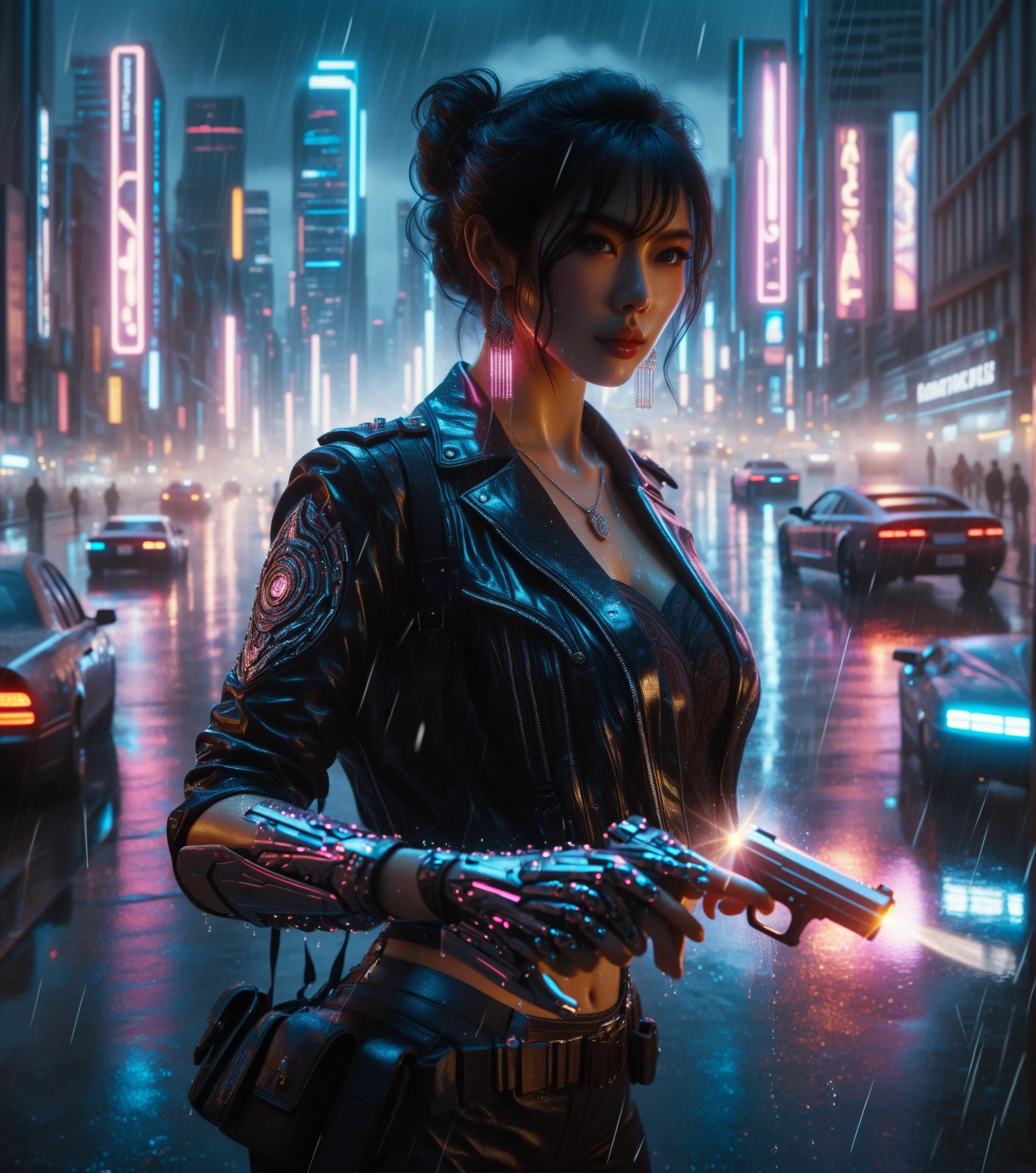 (low angle view), Blade Runner style futuristic city, flying cars, neon lights, rainy night. (1girl, solo, alone), large-breast:1.2 slim body, slim face, cleavage:1.1, sexy laced lingerie, very low angle view miniskirt, jacket, (black micro sunglasses), (holding a short gun), running pose, half-body thigh level medium shot, cinematic lighting, ray tracing.