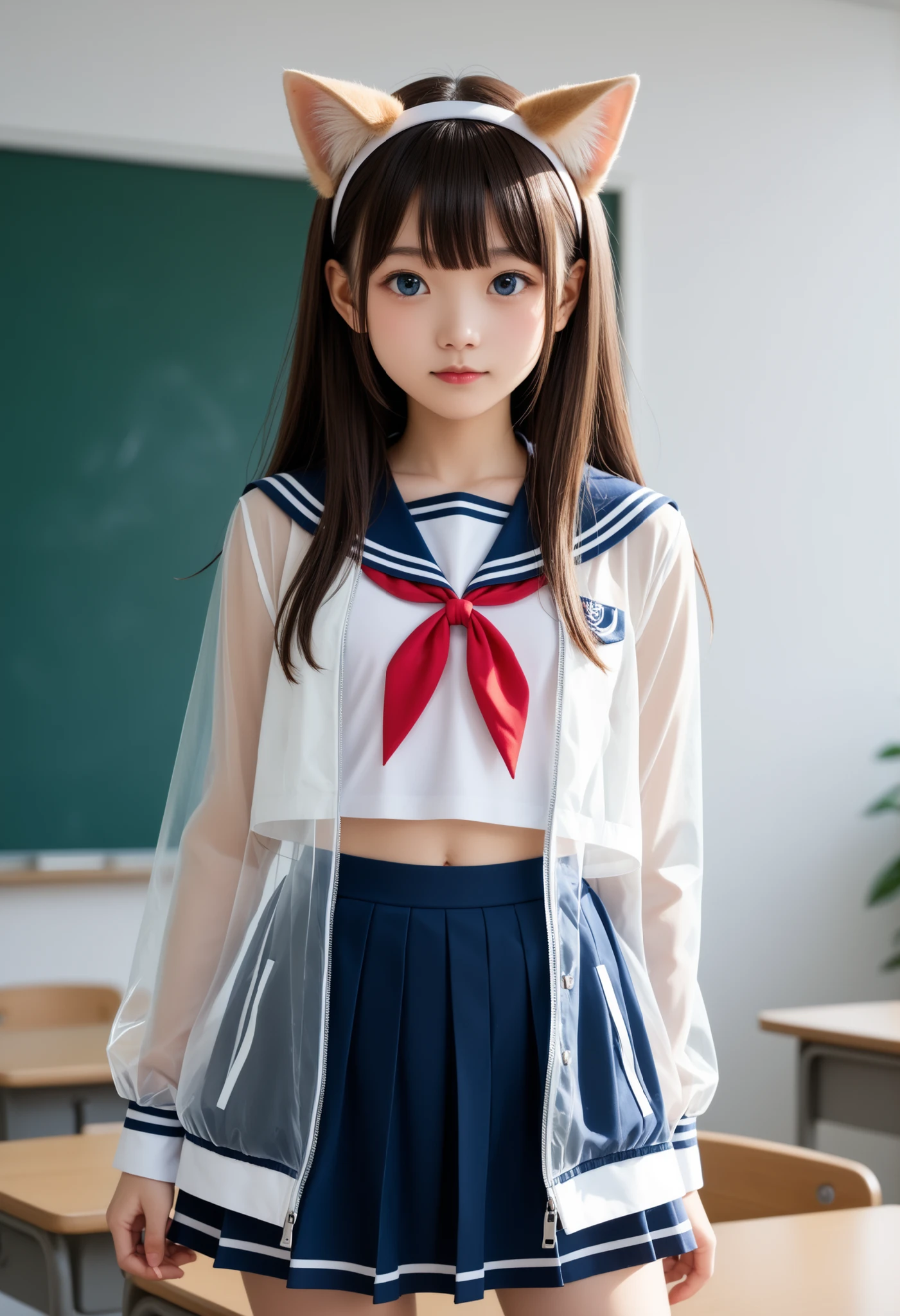 best quality、high resolution、8K Wallpaper、(shape:0.8)、(It's surprisingly cute when viewed from the front:1.6)、detailed face、Full photo 、 CG in detail、(perfect hand in h、perfect anatomy)、young woman、adults、((twin tail hair))、(Swept-apart bangs:1.3)、brown hair、blue eyes、sailor suit、skirt for ears、(white panties)、Classroom、(skirt for earsのリフト:1.3)、(The jacket is see-through and the bra is visible:1.1)、(Transparent jacket:1.weated:1.3)、focus、headband、Bob、nsfw、opening