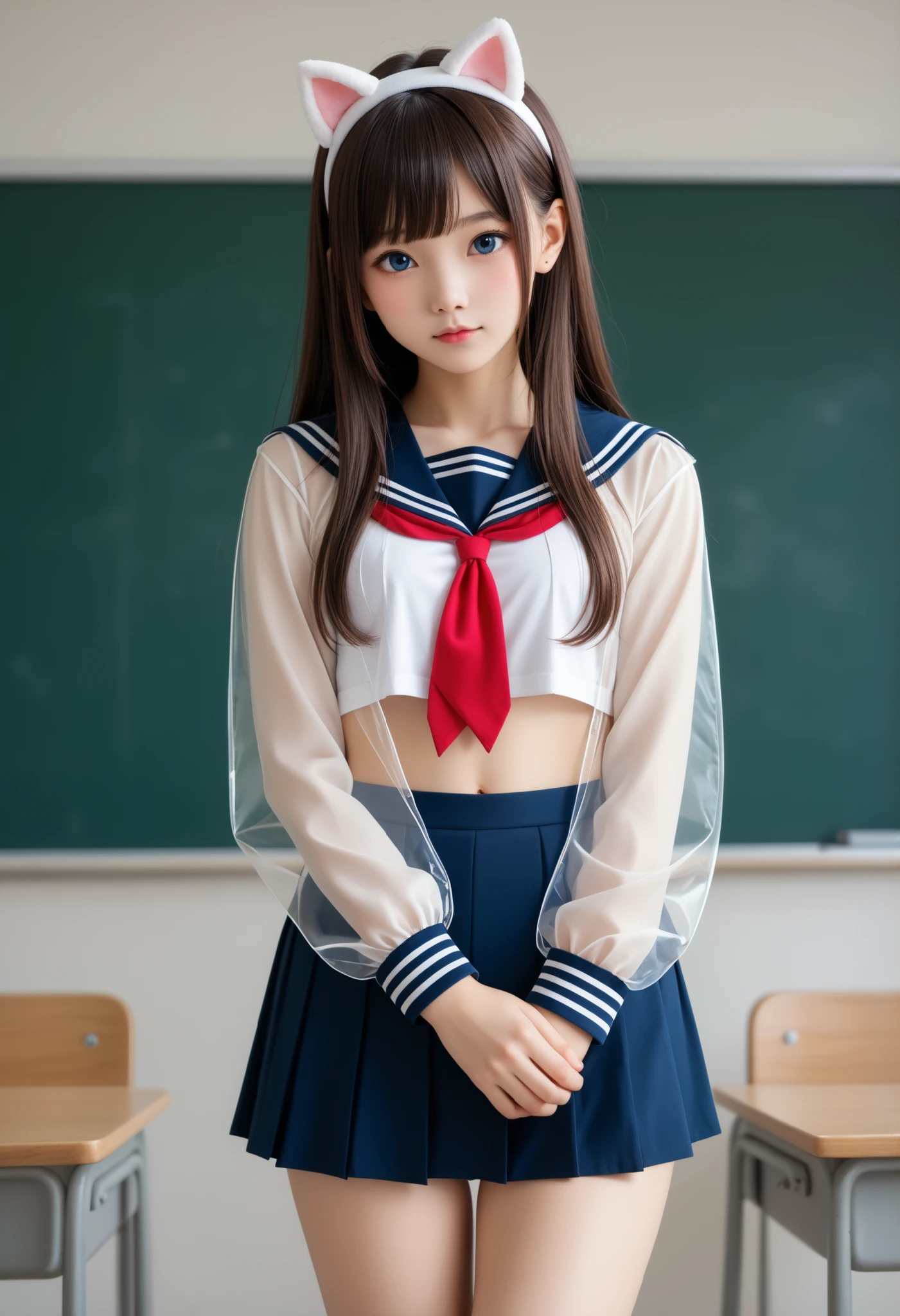 best quality、high resolution、8K Wallpaper、(shape:0.8)、(It's surprisingly cute when viewed from the front:1.6)、detailed face、Full photo 、 CG in detail、(perfect hand in h、perfect anatomy)、young woman、adults、((twin tail hair))、(Swept-apart bangs:1.3)、brown hair、blue eyes、sailor suit、skirt for ears、(white panties)、Classroom、(skirt for earsのリフト:1.3)、(The jacket is see-through and the bra is visible:1.1)、(Transparent jacket:1.weated:1.3)、focus、headband、Bob、nsfw、opening