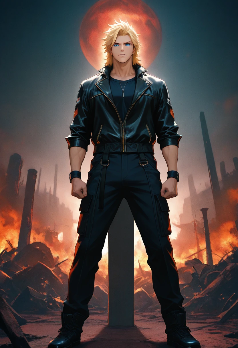 Young Dolph Lundgreen, Long Hair, Sunlasses, Jeans, 1 Belt, Holster, Rivets, Just One Body, Big Gun in Hands, In Ruins, Explosions Behind, Fire Behind, Front View, Movie Poster