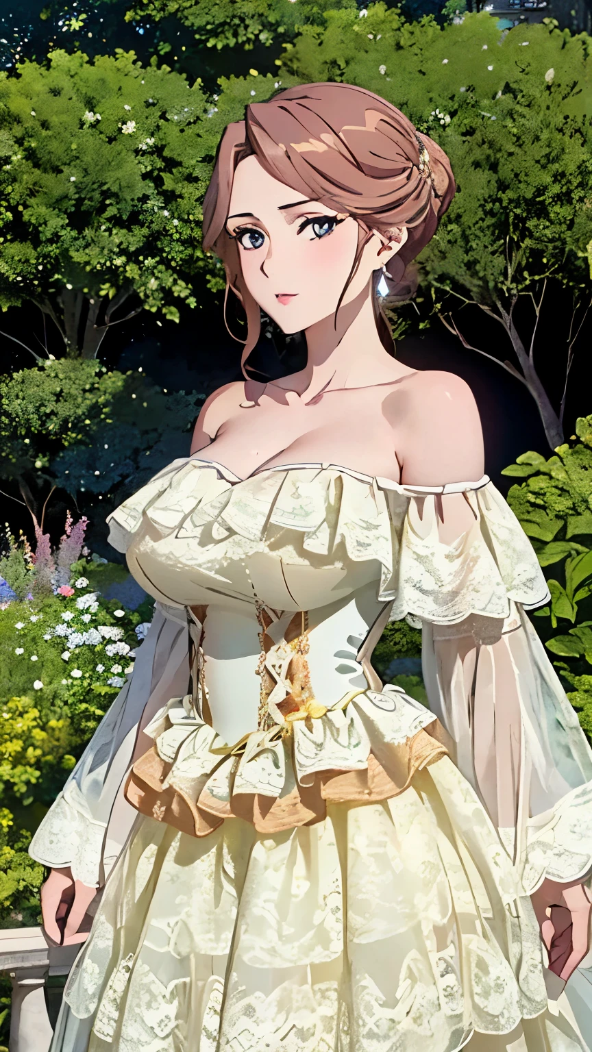 (masterpiece, best quality, 8k:1.2), (an extremely delicate and beautiful), (anime), extremely detailed wallpaper, super fine illustrations, cowboy shot, (an extremely delicate and beautiful girl), claudialevantinekuroinu, mature female, beautiful detailed eyes, finely detail, delicate face, masterwork, 1girl, delicate details, highres, beautiful detailed face, an extremely delicate and beautiful face, intricate detail, complex details, ultra-detailed, highly detailed face, glamour, big breasts, (off shoulder dress, lace-trimmed dress, bare shoulders, frills), (earrings), (garden), (cowboy shot:1.2), looking at the viewer