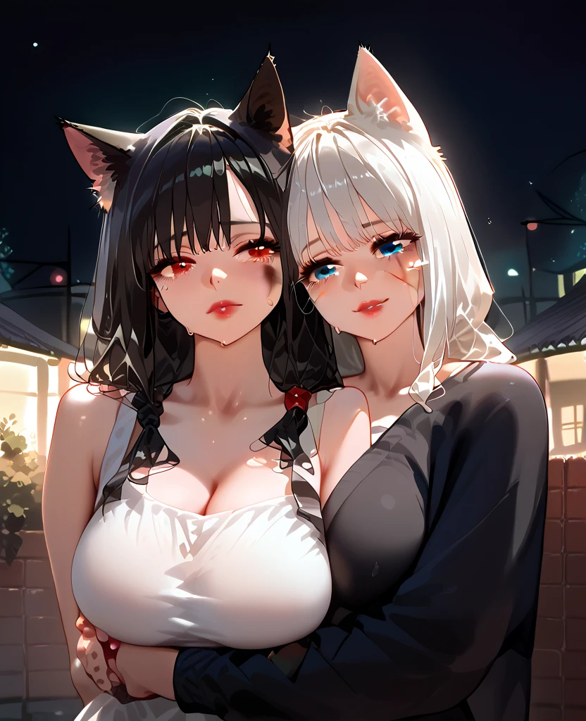 masterpiece, high resolution, high quality, 2 girls, bedroom, morning, black kimono, big breasts, cat ears, floral pattern, red eyes, black hair, ponytail, white kimono, big breasts, cat ears, floral pattern, yellow eyes, white hair, twin tails,