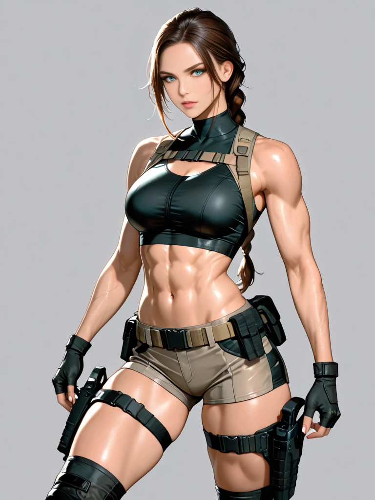 quiet (metal gear), <lora:Quiet:.6>, masterpiece, best quality, cowboy shot, 1girl, solo, toned, city, dirt on face, mud on face, dirty, dirty face, military belt,