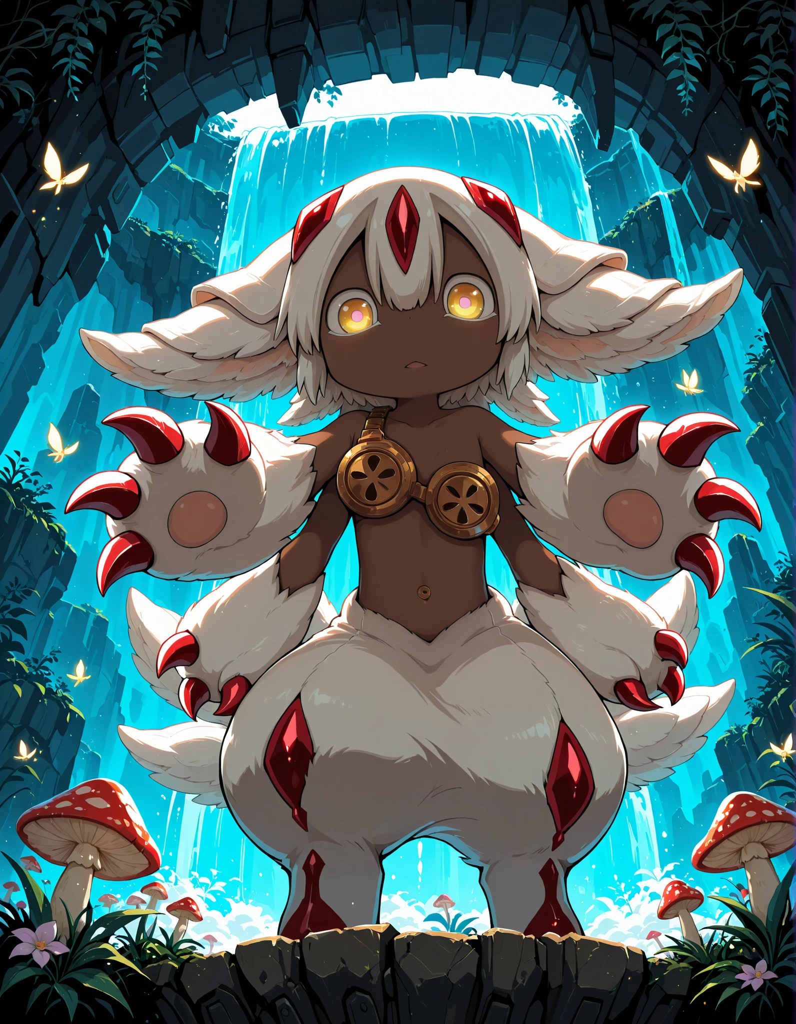 solo, faputa,dark-skinned female, white hair, extra arms, white fur, multiple tails, claws, looking down at viewer, under surface view, low-angle view, reaching towards viewer, glowing eyes, BREAK, masterpiece, best quality, made in abyss, restricted palette, pixel \(artwork\), detailed background, depth of field, shadow, magenta light, cyan light, dark night, cliff pillar, runis, plant, waterfall, mushroom, flower, ambient firefly