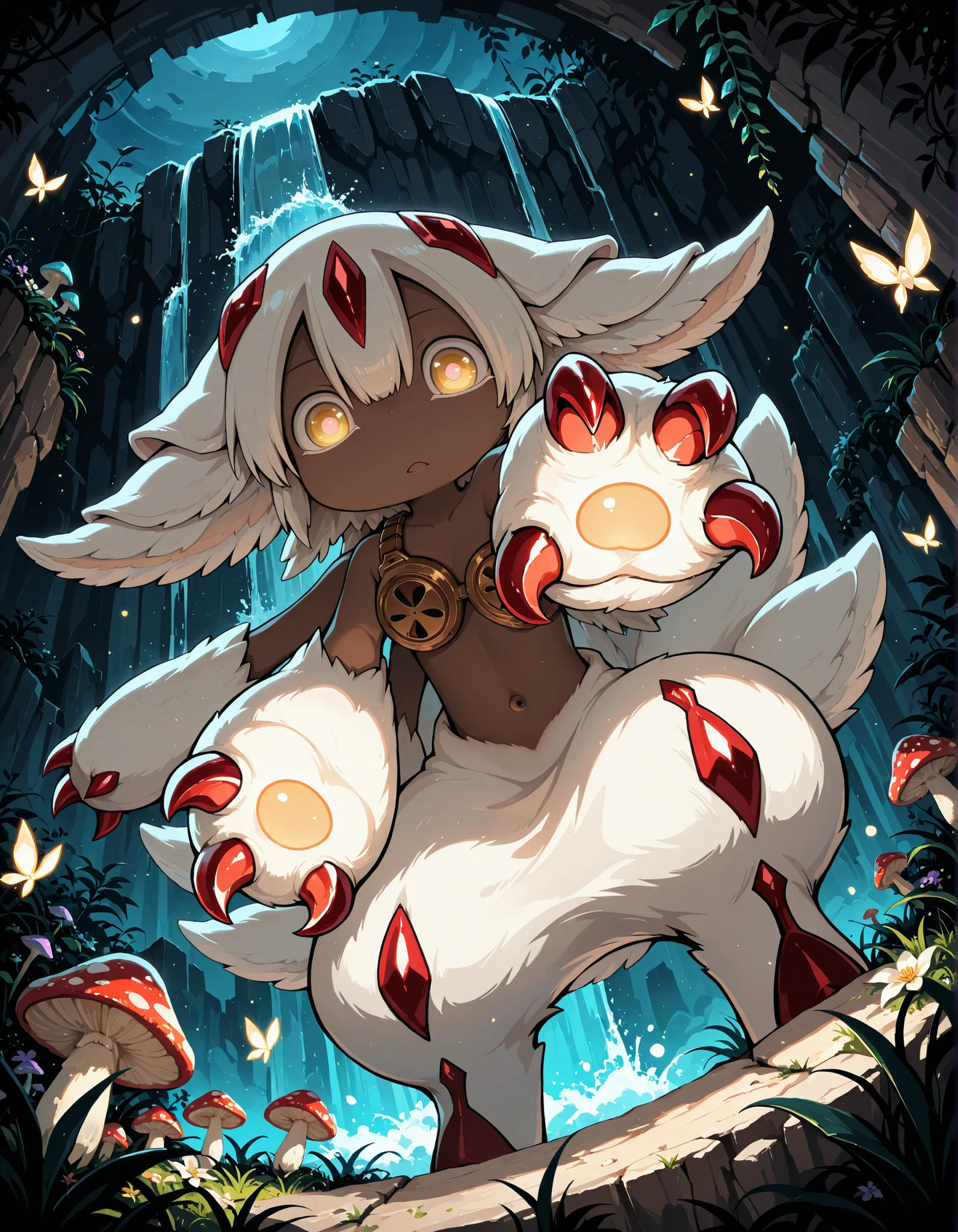 solo, faputa,dark-skinned female, white hair, extra arms, white fur, multiple tails, claws, looking down at viewer, under surface view, low-angle view, reaching towards viewer, glowing eyes, BREAK, masterpiece, best quality, made in abyss, restricted palette, pixel \(artwork\), detailed background, depth of field, shadow, magenta light, cyan light, dark night, cliff pillar, runis, plant, waterfall, mushroom, flower, ambient firefly