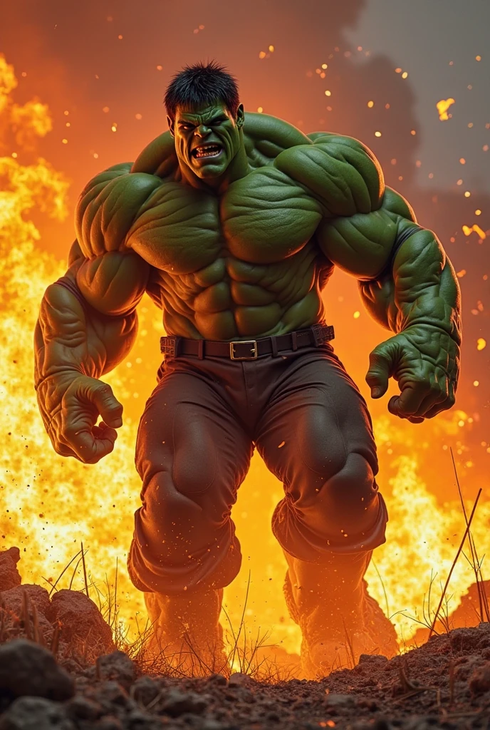 Make16:9 ratio huge hulk with a fire background