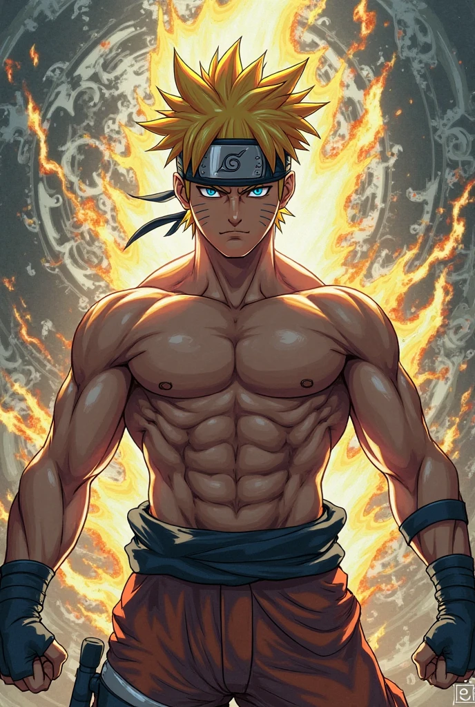 anime, character uzumaki naruto, Naruto is over-pumped, стоит на фоне водопада, naked torso