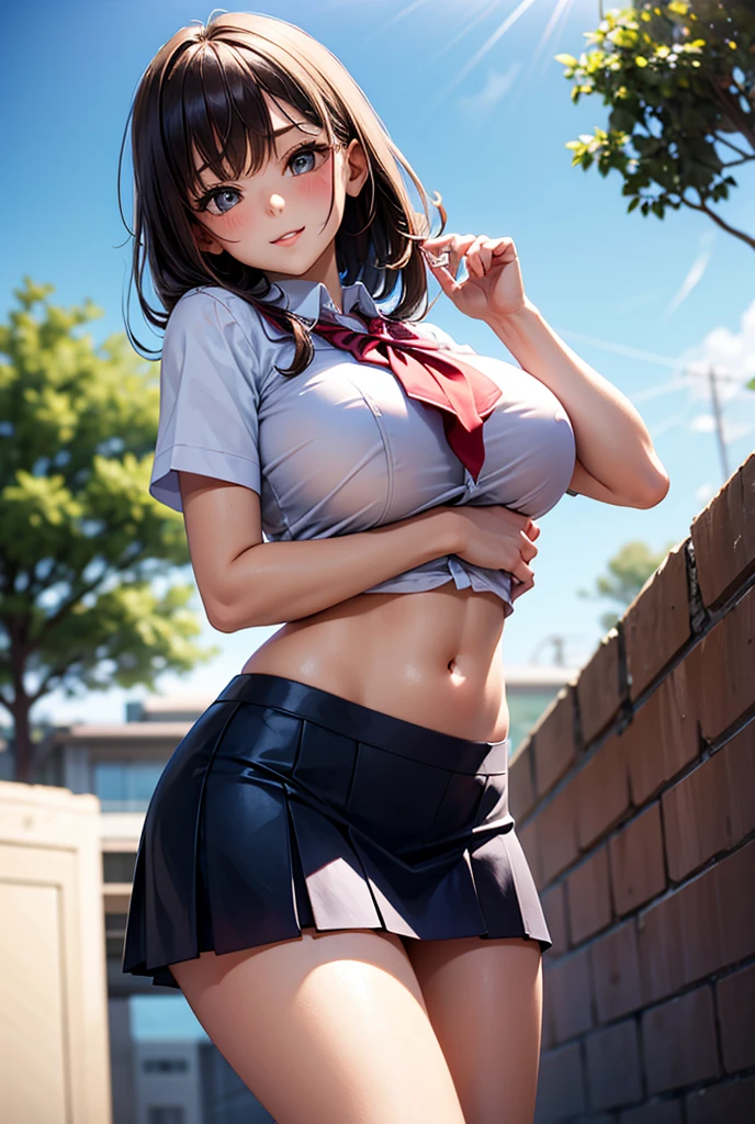 PERFECT MASTERPIECE, EXTREMELY DETAILED CG UNITY 8K UHD QUALITY RESOLUTION WALLPAPER, PHOTOREALISTIC, RAW PHOTO, PERFECT PHOTOGENIC CLARITY, OFFICIAL ART, The most beautiful and y school girl, very long brown hair, vibrant moonlight eyes, long detailed eyelashes, blushing, full pouting pink lips, curvy body type, full hips, super huge enormously gigantic titleavagg, gigantic tits bursting of her shirt, wearing a school girl uniform school girl skirt and Nike sneakers, sitting on the ground crossing her legs lifting up her skirt arching her back in a sexy seductive slutpose, white lace panties showing, lookihe viewer, cowboy shot from below, sexy seductive slutty facial ression, cherry blossoms blowing in the wind, school campus background
