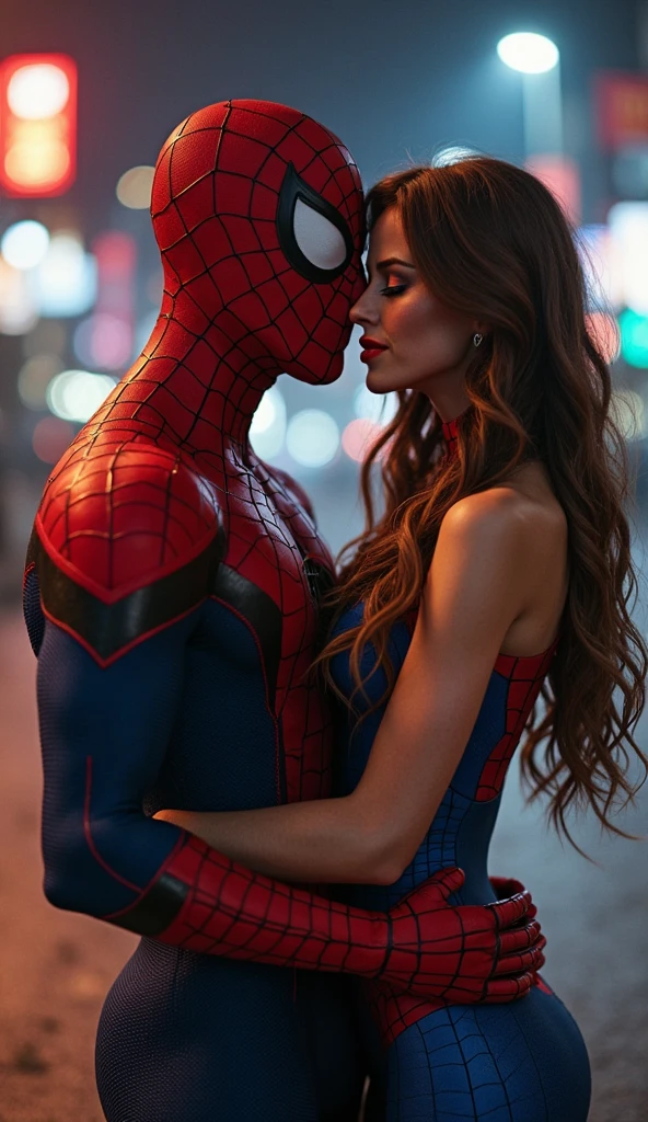 Spiderman is inserting his fingers in Mary Jane Watson’s vagina under her skirt, he is fingering her, she is in ecstasy, 