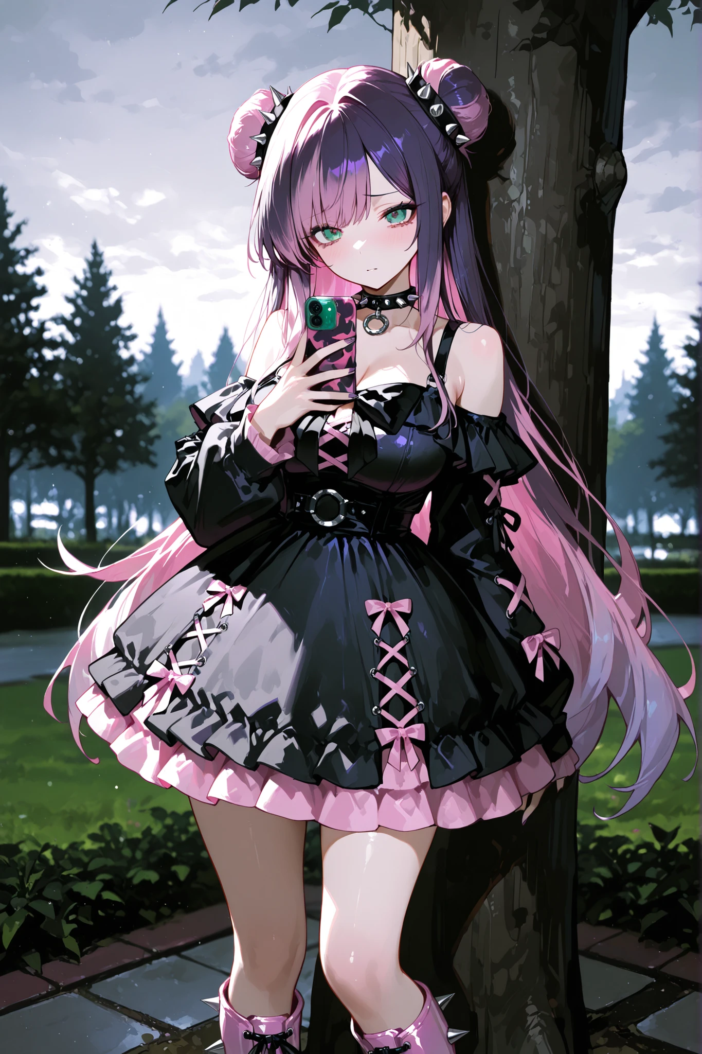 masterpiece,best quality,amazing quality,(EyesHD:1.2),ultra-detailed,very aesthetic,sharp focus,depth of field,vibrant colors,ray tracing,best lighting,detailed illustration,detailed background,cinematic,beautiful face,beautiful eyes,solo_female,long hair styled in twin buns,blended hair color,pastel pink and dark purple hair colors,emerald green eyes,pastel goth aesthetic,spiked choker,black cloth gothic dress,knee high pink goth boots,spiked hair bands,standing against a tree,park background,overcast weather,holding her phone,worried expression,looking toward viewer,