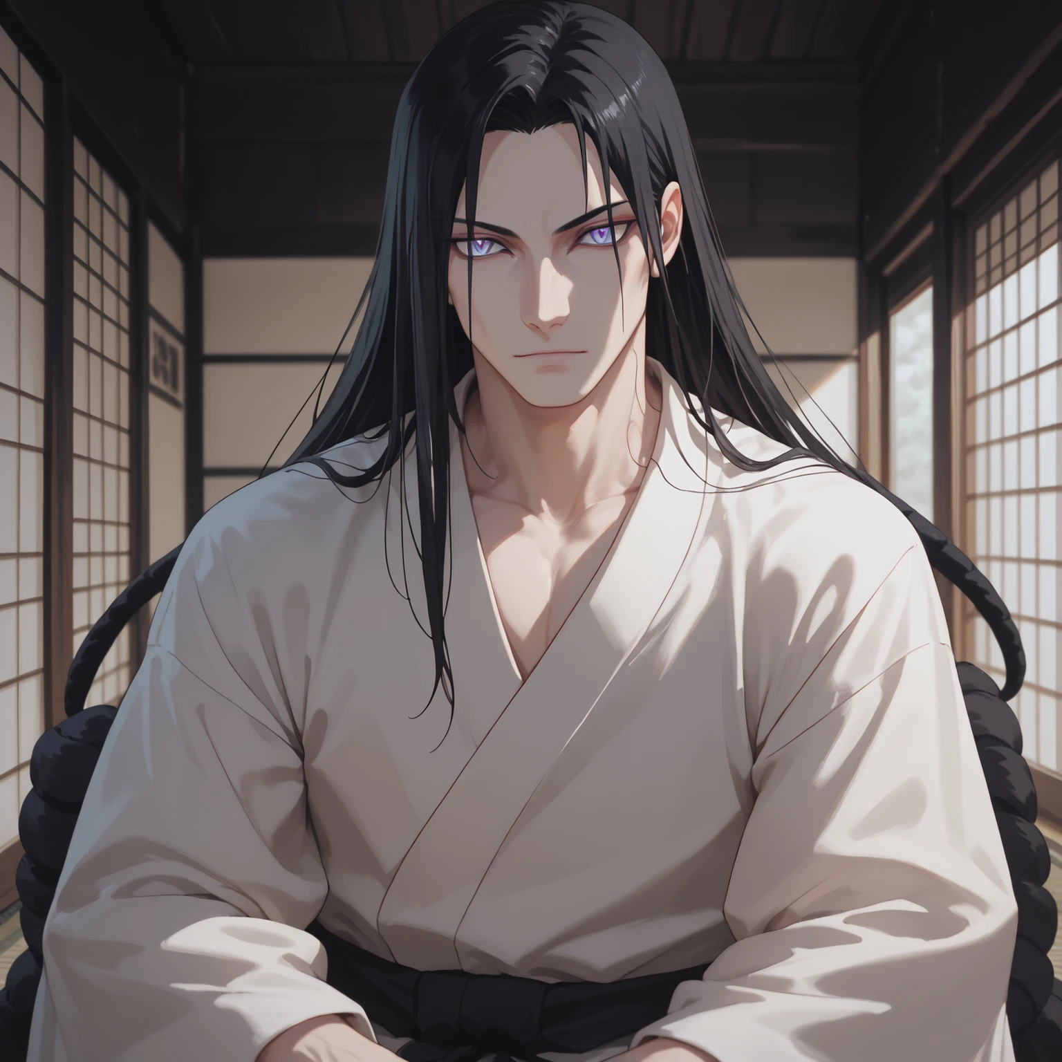 1male,solo,Orochimaru,black hair,long hair,cobra eyes,white body,black yukata,