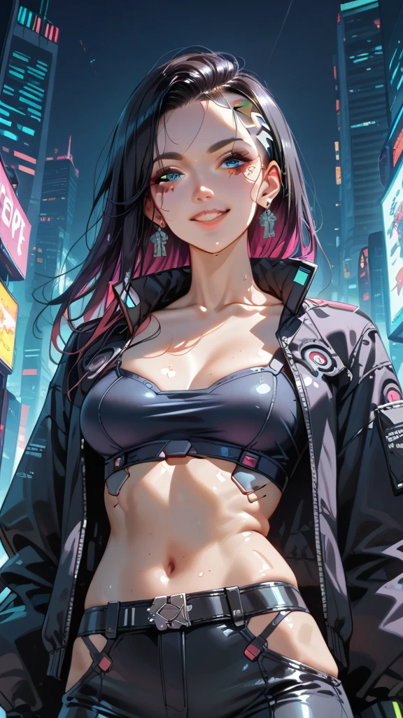 最high quality、best image quality、masterpiece、teenage girl((18-year-old、 By becoming、vest bust、medium bust,wide open breast tea、black eye, purple and red hair、Habitual hair、thin,highest valley、Have a smartphone、smug face、peace sign、paint marks、punk fashion)),high quality、beautiful art、background((Cyberpunk world、ultimate bike))debris flies、Depth of written boundary、movie、visual art、perfect art、8K,genuine