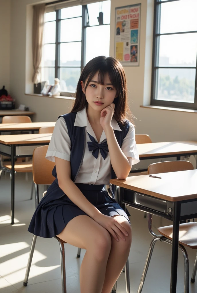 artwork, finest quality, ultra detailed, illustration, colorful, falt colors, depth of field, lens flare, 1girl, anime, sitting, dark hair, looking at viewer, school, classroom, pleated miniskirt, school uniform, serafuku, texture Detailed skin, detailed fabric texture, beautifully detailed face, half squat