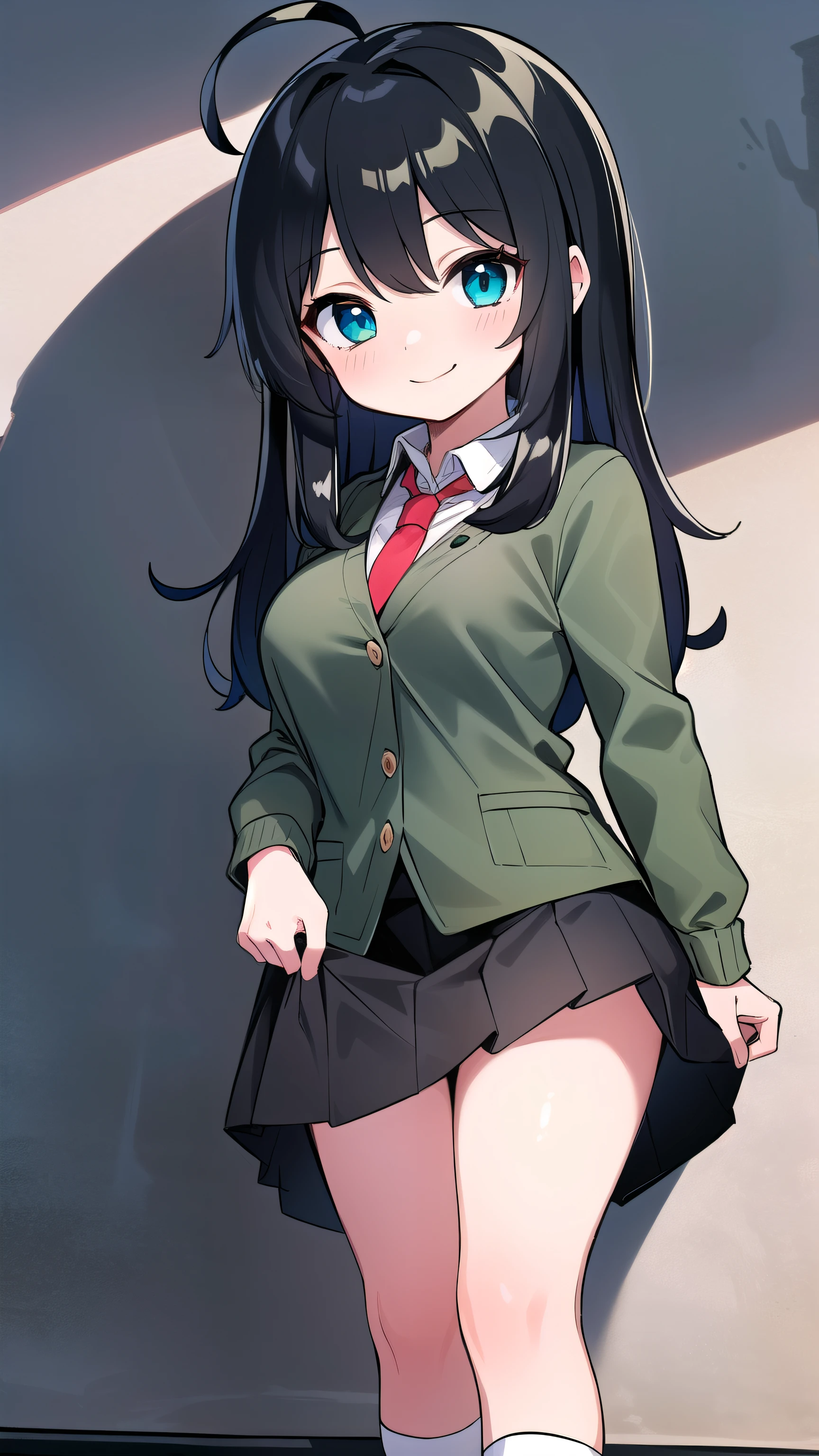 Junior high school student who looks like an elementary school student, , very short, 140 cm tall, black hair with a slight green tinge, short ahoge, beautiful long hair but with a little hair sticking out, beautiful round eyes, blue eyes, smile, boyish, long sleeves, Thick clothes, skirt, big breasts, hair longer than waist, long hair, childish face, gentle smile, a little shy, black skirt, black hair with a slight green tinge, boyish, gentle smile, jacket one size larger, ( Deep greenish black hair: 1.3), green jacket, white shirt, (red tie:1.5), black skirt
