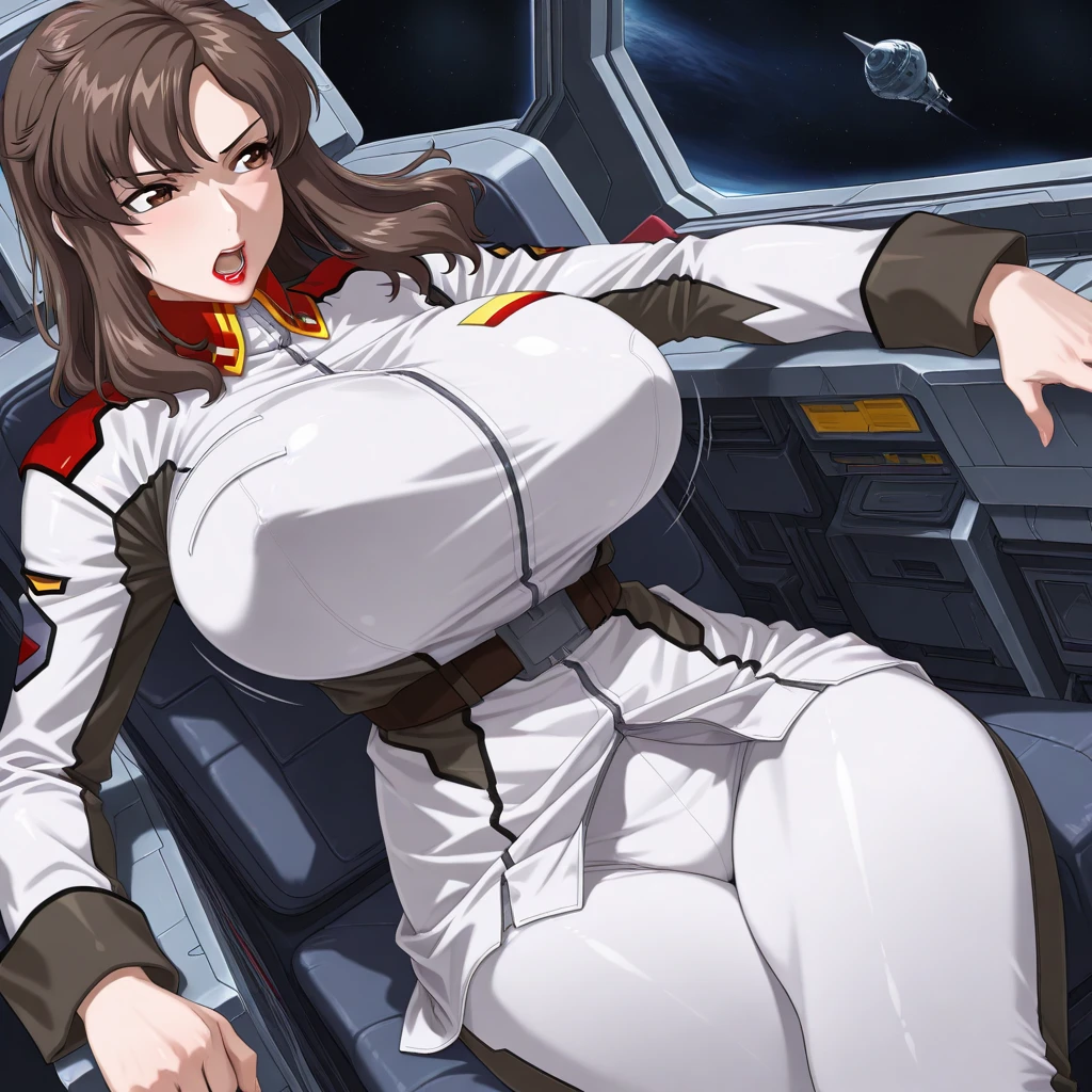 masterpiece, best quality, High resolution, Calm 1, 1 girl, alone, (Black_pantyhose:1.1), army uniform, army, cosmetics, White shirt, White Skirt, tight skirt, sitting, Upper Body, cockpit, space, Smile,Huge Breasts,cleavage,Unbutton your shirt,Sexy