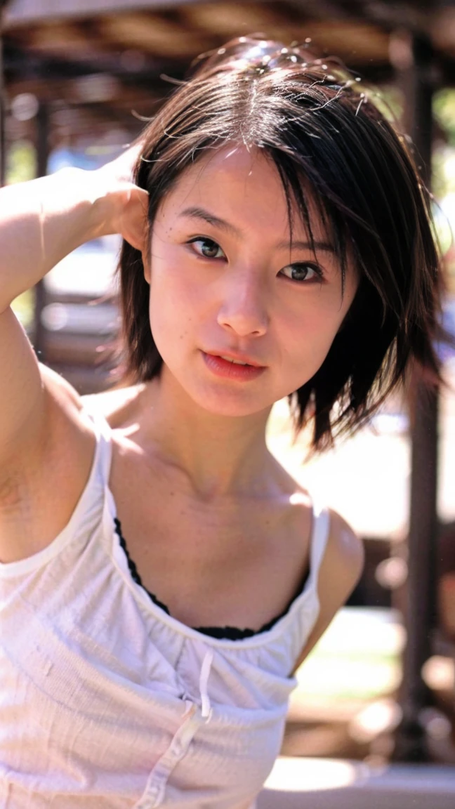 A Japanese Lady, ((look at viewr)), Short hair, buzz cut, Naked, Skinny, day, skyporn,Outdoors, Post-apocalypse, Ruins, Scenery, tree, Water,
