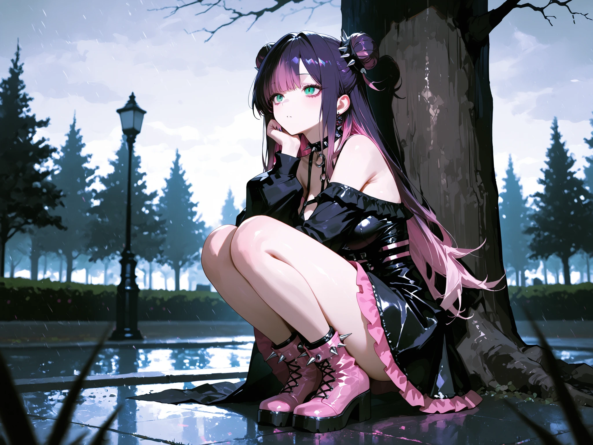 masterpiece,best quality,amazing quality,(EyesHD:1.2),ultra-detailed,very aesthetic,sharp focus,depth of field,vibrant colors,ray tracing,best lighting,detailed illustration,detailed background,cinematic,beautiful face,beautiful eyes,solo_female,long hair styled in twin buns,blended hair color,pastel pink and dark purple hair colors,emerald green eyes,pastel goth aesthetic,spiked choker,black cloth gothic dress,knee high pink goth boots,spiked hair bands,crouching against a tree,park background,overcast weather,