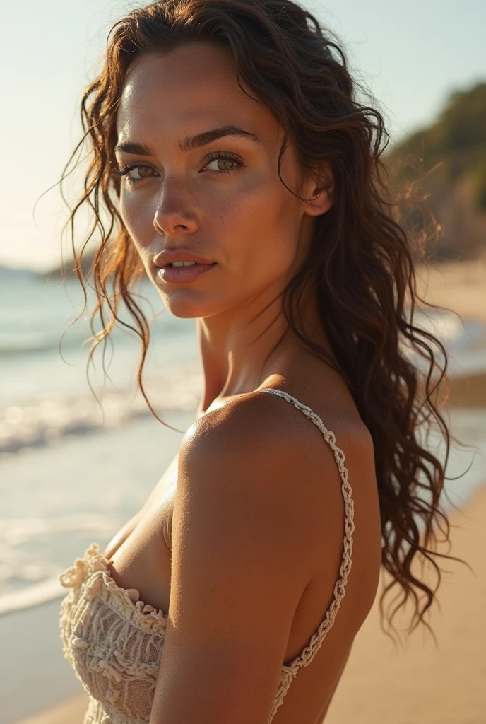 (sharp focus:1.2), photo, Carmd <lora:CarmenDoe:0.7>, (beautiful face:1.1), detailed eyes, luscious lips, brown eyes, floral sundress, (toned body:1.2) wearing (sundress:1.2) sitting on a (beach:1.2). (moody lighting:1.2), depth of field, bokeh, 4K, HDR. by (James C. Christensen:1.2|Jeremy Lipking:1.1), , sandy skin, sand on skin