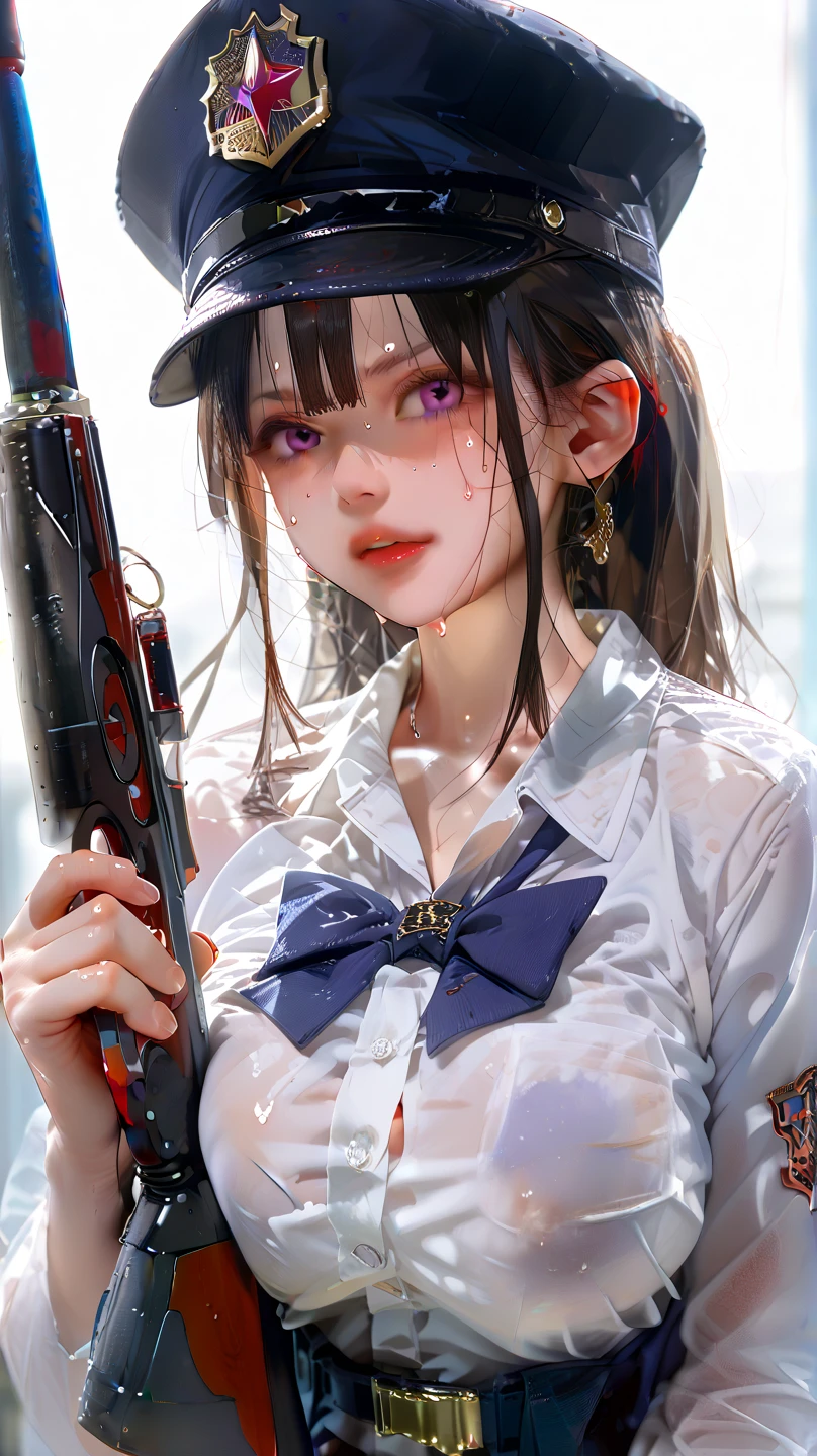 anime artsyle,best illustration,wallp,styled,Award-Awarded,(1girll:1.3)、独奏、Wearing a pleated skirt,a sailor suit,braidedhair,Red earrings,hair adornments、choker necklace、Shoot with a pistol,cinmatic lighting,in the shadows,统一 8k 壁纸、ultra - detailed、big breasts beautiful、tmasterpiece、best qualtiy、Fantastical Atmosphere、calm color palette、(realisticlying:1.4), Beautiful detailed girl, Very detailed eyes and face, perfectly proportions、edge lit、