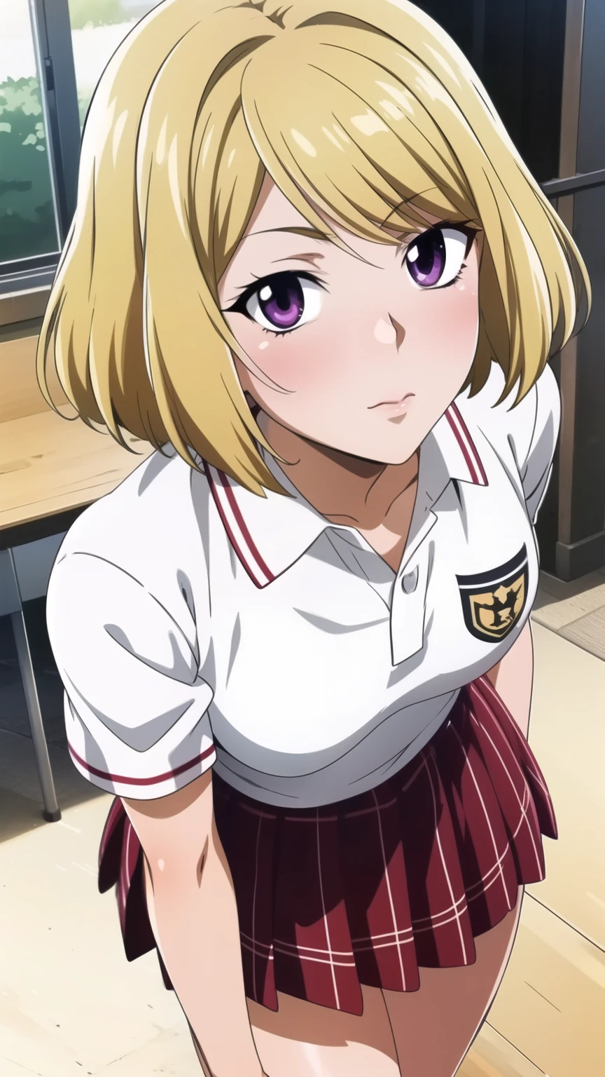masterpiece, high quality, datch out,(realistic skin texture), (Anime Coloring), very well detailed, very well detailed, preface face, beautiful eye, perfect eyes, detail eye, big highlight, detail face, super detailed, detail eye, Symmetrical eye, (Dynamic Angle), ((expressionless)), sharp details, That Katamisuzu , blond hair, short hair, (half closed eyes:0.8), (small breasts:1.2), Ken1loli, (schoolgirls uniform, polo shirt, mini skirt, thighs), (((1 girl))), (young face:1.5), beautiful long legs, Beautiful body, Beautiful Nose, beautiful character design, perfect eye, perfect face,expressive eye, perfect balance , viewers,(Focus on her face),closed my mouth, (Innocent_big_eye:1.0),(light_smile face:0.3), official art,Highly Detailed CG Unity 8K Wallpaper, perfect lighting,colorful, bright_Front _face_lighting,white skin, (masterpiece:1.0),(Highest_quality:1.0), High Resolution,4K,super detailed, photo shoot, 8k, High Resolution, High Resolution, (Absard Dress:1.2), Kodak Portra 400, FILM GRAIN, lens flare, ( vibrant_color:1.2), pro pics, (Narrow _ waist ),
