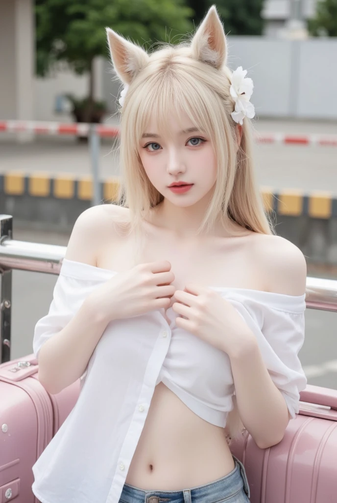 ((whole body))、blush,Long white hair、arms up,(White and light blue tube top gothic lolita fashion),choker,loafers、Chest、Belly button、Hips、Street,(8k, RAW Photos, Highest quality, The pieces fly:1.2), (reality, Realistic:1.4), (非常に詳細な8k壁紙), Sharp focus, Depth of written border, Cinema Lighting, Soft Light, Detailed beauty eyes,Asymmetrical bangs, Glowing Skin, Highly detailed skin ,High resolution, Attention to detail, Detailed hairstyle, Detailed beauty face, Hyper Real, Perfect limbs, Perfect Anatomy ,1 Japanese girl,Famous Japanese Idols, Perfect female body,A shy smile,Long eyelashes,double eyelid,Look straight here,Off the shoulder,Street,Stand up straight and face me,,look straight at me,,Small breasts