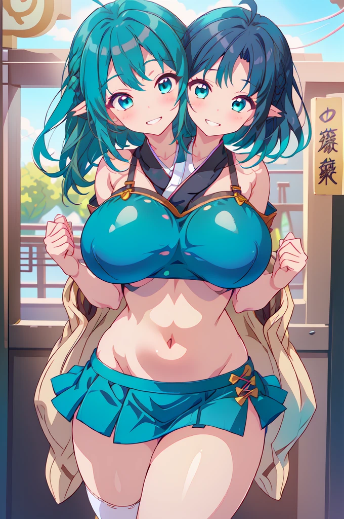 masterpiece, best quality, extreme detail, digital painting, absurdres, volumetric lighting, 1girl, solo,(gigantic breasts), massive breasts,short shorts,thighhighs,long hair,thick thighs,wide hips,standing,choker,heavy blush,shortstacks, fang, tall female, big boobs, tall, huge breasts, dxd style, bikini, best quality, gigantic breasts, dxd style, there are two animated girls posed on a basketball court with two different expressions, one eye closed, bike shorts, green hair, shirt, gym uniform, ribbon, blue eyes, multiple girls, 2girls, side ponytail, white shirt