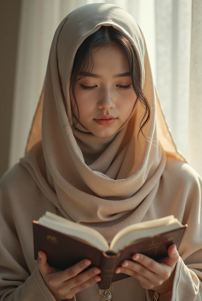 Korean girl, beautiful girl in hijab, 1 girl, perfect face, expressive eyes, makeup, eyeshadow, eyeliner, luxurious hijab, patterned hijab, hijab decoration, brooch, shiny lips, in the library, read a book,