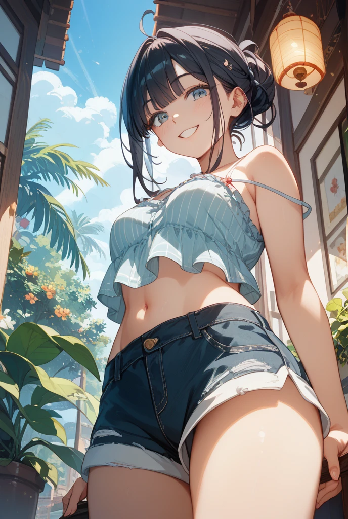Expose the lower chest、Ahegao、Hold your crotch with both hands, She pulls up her skirt to show off her panties((Highest quality))Face Real、(1. Glowing Skin.4)Extreme close-up from below(((With a sexy smile)))((masterpiece)、(1. Glowing Skin.1.4)Thigh Emphasis、((A small town park bathed in dazzling summer sunshine、))、((()))'、((Wearing a red tank top))(Wearing a thin, Tight mini skirt、)(Wearing grey panties)Black bob hair、Sexy pose、、Breast enlargement、(Various poses)
