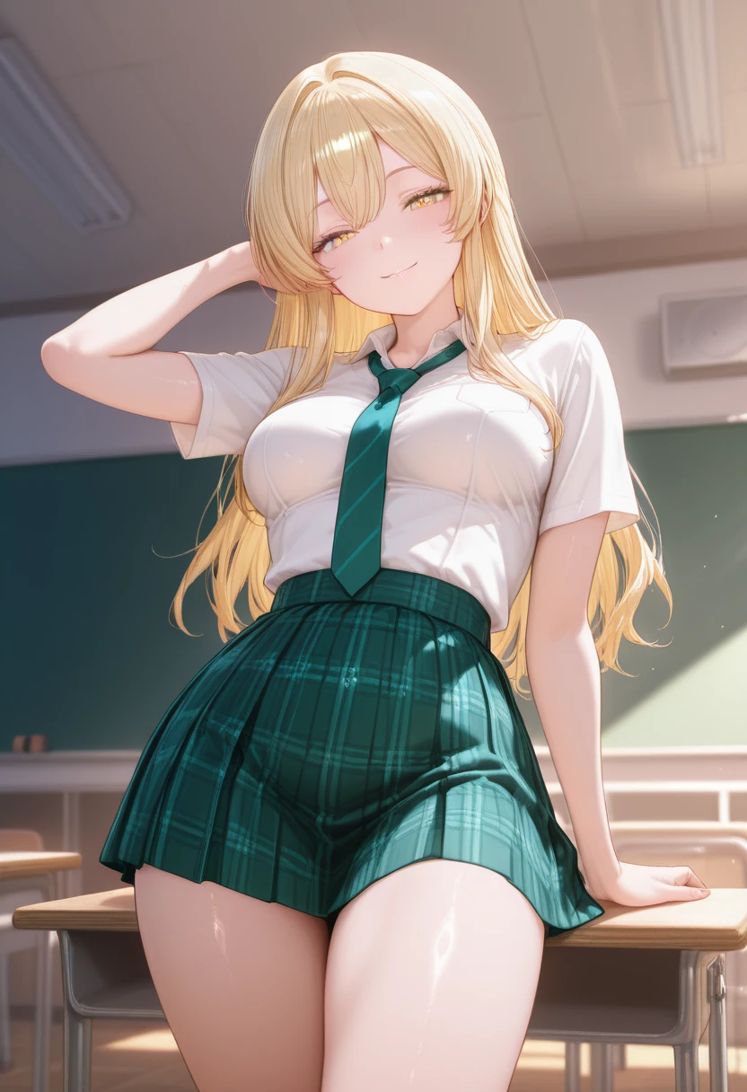 amicia michella - nijisanji, 1girl, (((bimbo))), brown short hair, yellow inner hair, wavy hair, green eyes, (((bimbo))), thin lips, painted lips, shy smile face, wide hips, thick thighs, huge round ass, shiny oily breasts, white shirt, black medium skirt, thigh high, garter, full body, dynamic pose, office, nsfw