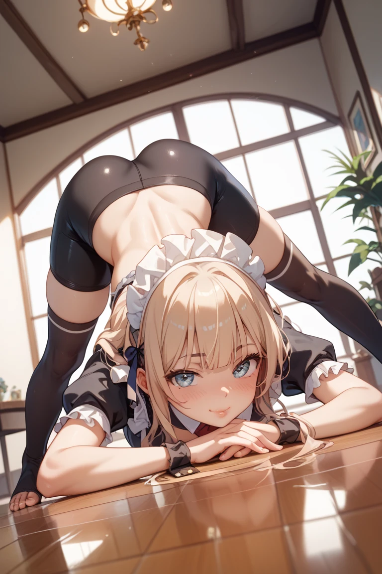 score_9, score_8_up, score_7_up, source_anime BREAK 1girl, 1boy, looking at viewer, all fours,exs-tia_spica,, x hair ornament, hair ornament, blush, perky breasts, indoors, bathroom, wet, wet clothes, maid headdress, hetero, maid, panties, thighhighs, ass, skirt, frills, pov, fellatio, heavy breathing, heart-shaped pupils, nude male clothed female, netorare, cheating (relationship), rating_questionable