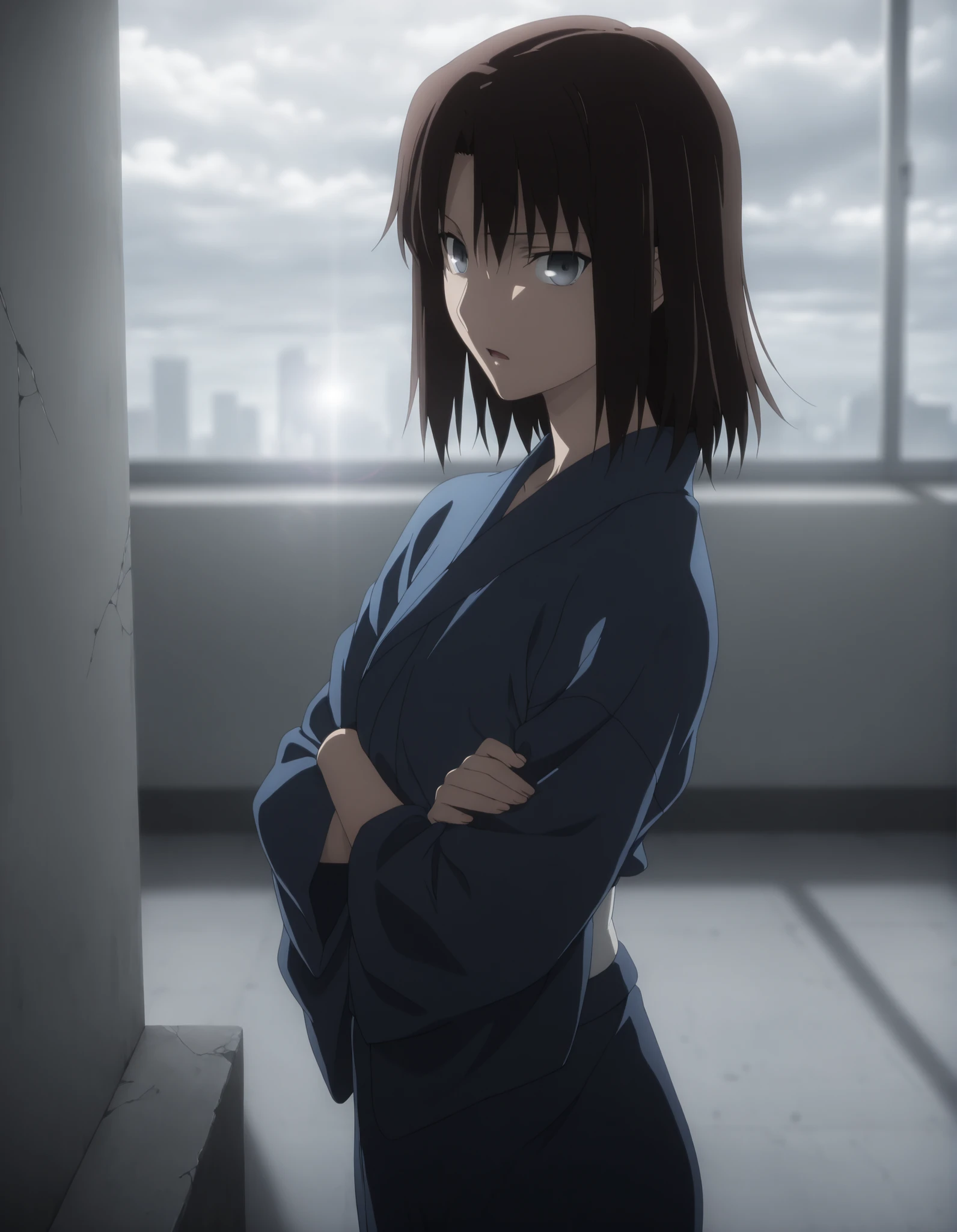 masterpiece, best quality, amazing quality, highres, absurdres, very aesthetic, high resolution, ultra detailed, perfect details, solo, midnight, indoors, ufotable style, (ruined office, cloudy, rainy), , (lens flare, blurry background, ), backlight, from side, from above, close up,
1girl, ufotable style, anime style, (anime coloring:1.5), (anime screencap:1.2) , ,(standing, on wall, ), (worry, upturned eyes, light open mouth, ), BREAK
girl, mature, slim body, slender body, ,Ryougi Shiki , TYPE-MOON / Kara no Kyoukai , dark brown hair,medium hair,grey eyes,
(crossed arms ,), blue kimono ,long sleeves, long kimono, bare thigh, (small breasts), flat chest, ((looking at viewer)), expressionless, aged up , concrete, gray background, many TV, broken tv,