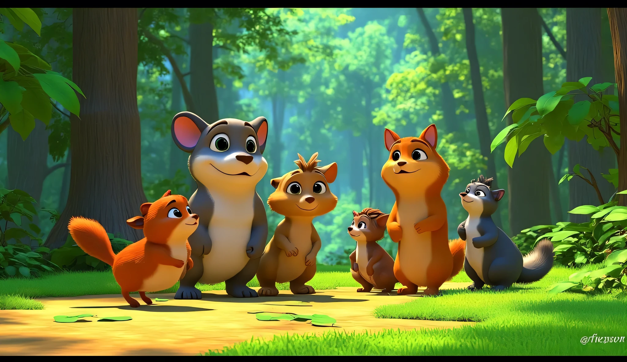 A heartwarming scene showing various animals helping each other in a forest, with a message in Hindi about kindness and mutual help.