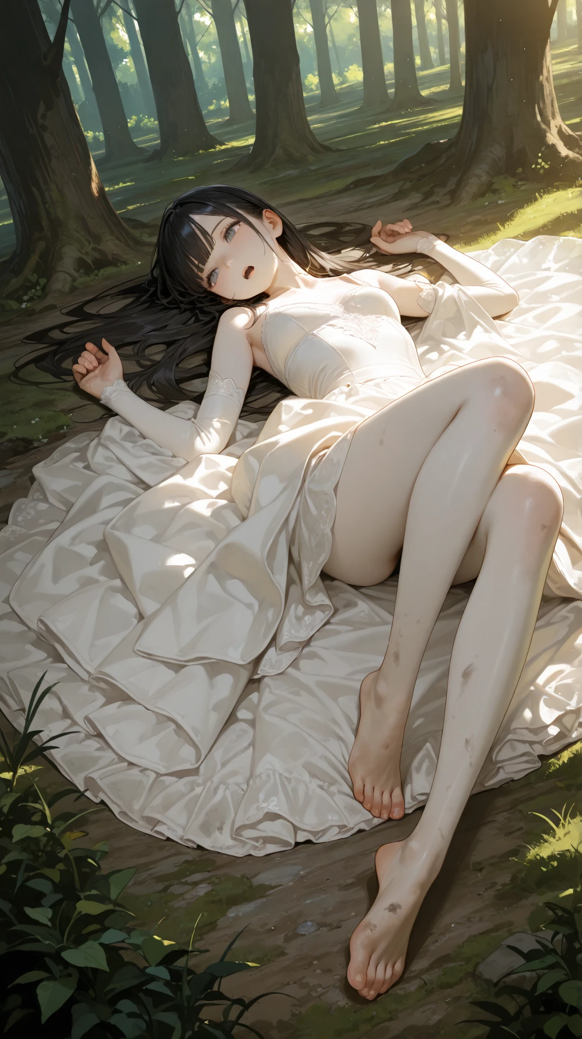 Face is normal，adolable，Shy，enchanted，Water infiltration，The white stockings on the legs have lace edges and symmetrical left and right，There are messy clothes, bras, etc. on the bed，There are flowers