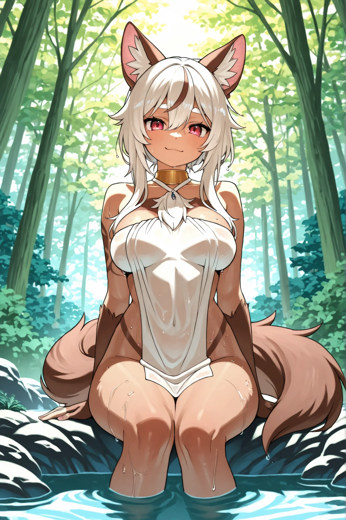 Silver Hair、ponytail、Wolf ears、tail、Brown skin、cute、naked、forest、Cheeky look、Are standing、Inviting、20-year-old、Showing her pussy