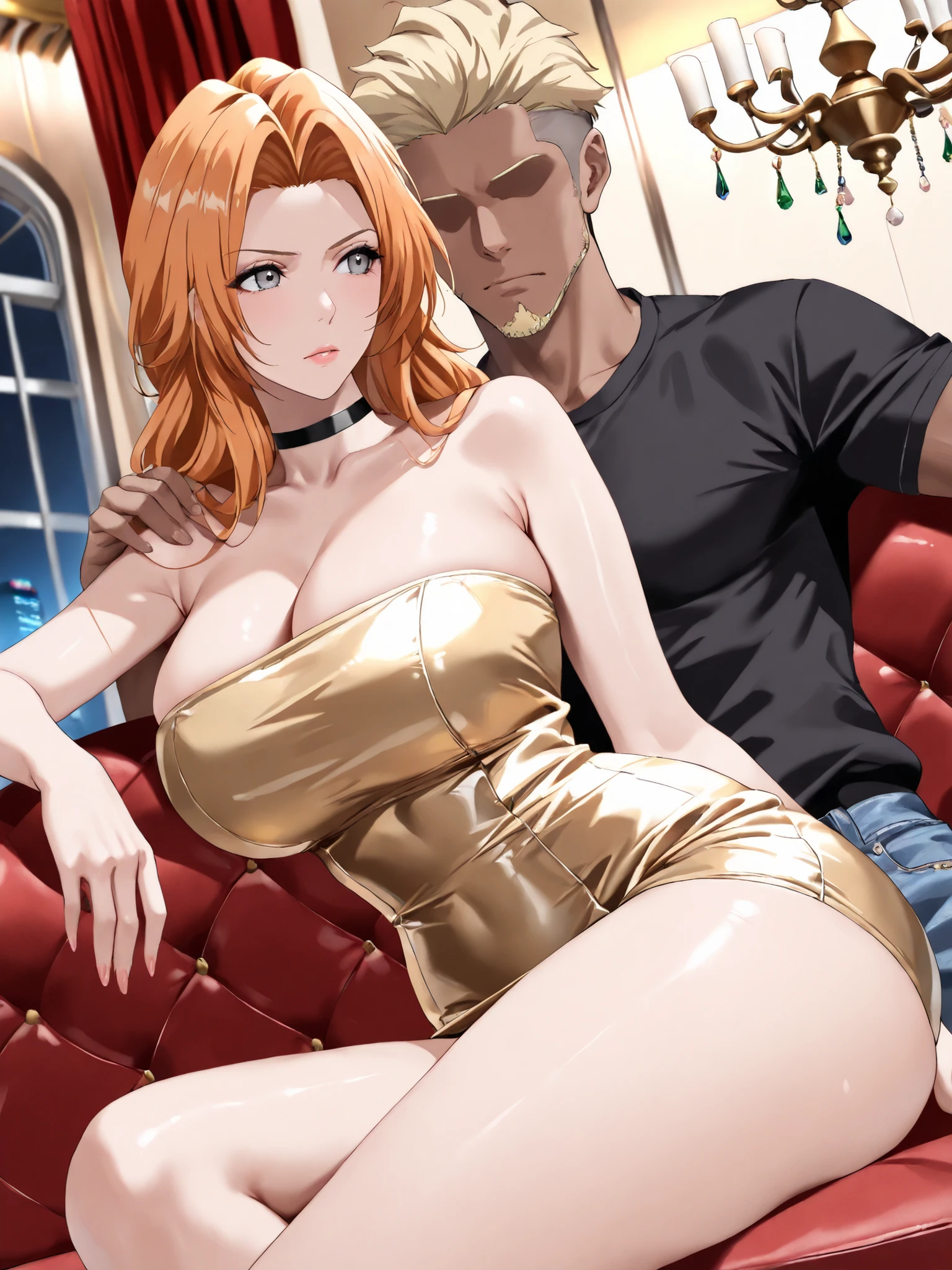 (masterpiece,best quality:1.4),16k,detailed skin,detailed face,detailed eyes,beautiful face,ideal ratio body proportions,BREAK,1woman,rangiku matsumoto,long hair,grey eyes,orange hair,parted bangs,(tall,slender,huge breasts,huge ass),BREAK,(ruanyi1025,black choker,tube dress,short dress,gold dress,strapless),BREAK,night club,sofa,chandelier,BREAK,serious,looking away,sitting,BREAK,nsfw,(hetero,1woman and 1man),(gyaruo,dark-skin,dark-skinned male,faceless male,faceless,netorare,blonde hair,no eyes,short hair,facial hair,1boy),(black t-shirt,denim),man arm on woman's shoulder,BREAK,(front view,front shot)