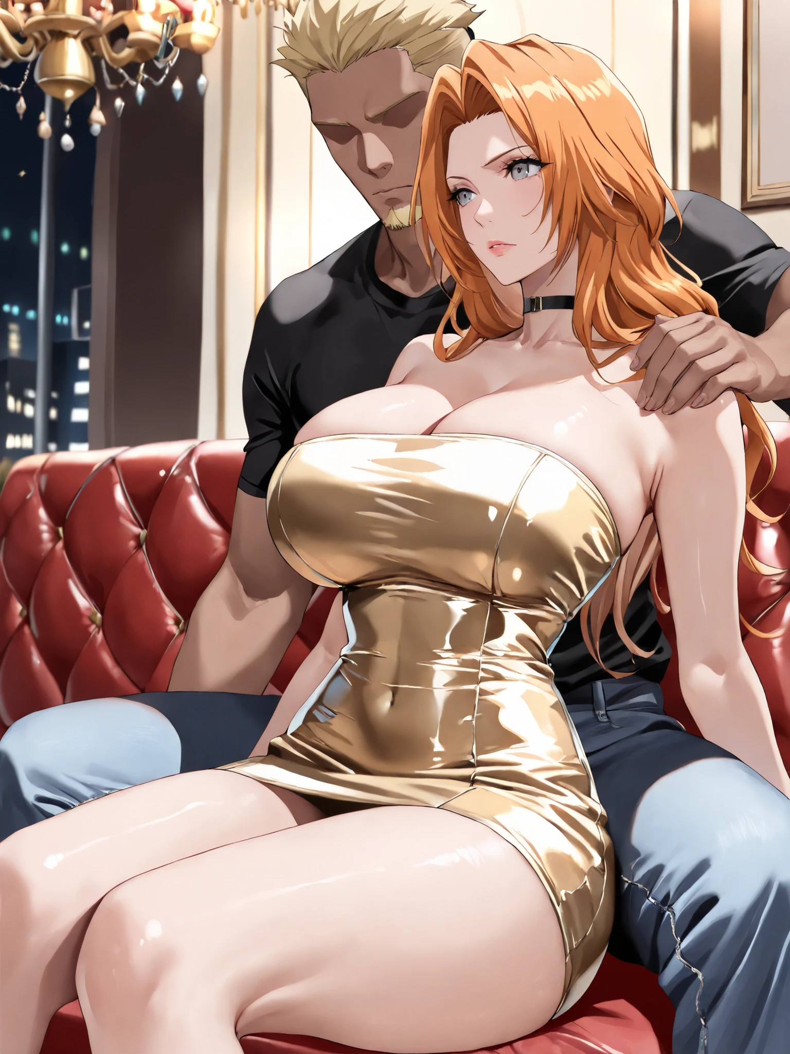 (masterpiece,best quality:1.4),16k,detailed skin,detailed face,detailed eyes,beautiful face,ideal ratio body proportions,BREAK,1woman,rangiku matsumoto,long hair,grey eyes,orange hair,parted bangs,(tall,slender,huge breasts,huge ass),BREAK,(ruanyi1025,black choker,tube dress,short dress,gold dress,strapless),BREAK,night club,sofa,chandelier,BREAK,serious,looking away,sitting,BREAK,nsfw,(hetero,1woman and 1man),(gyaruo,dark-skin,dark-skinned male,faceless male,faceless,netorare,blonde hair,no eyes,short hair,facial hair,1boy),(black t-shirt,denim),man arm on woman's shoulder,BREAK,(front view,front shot)