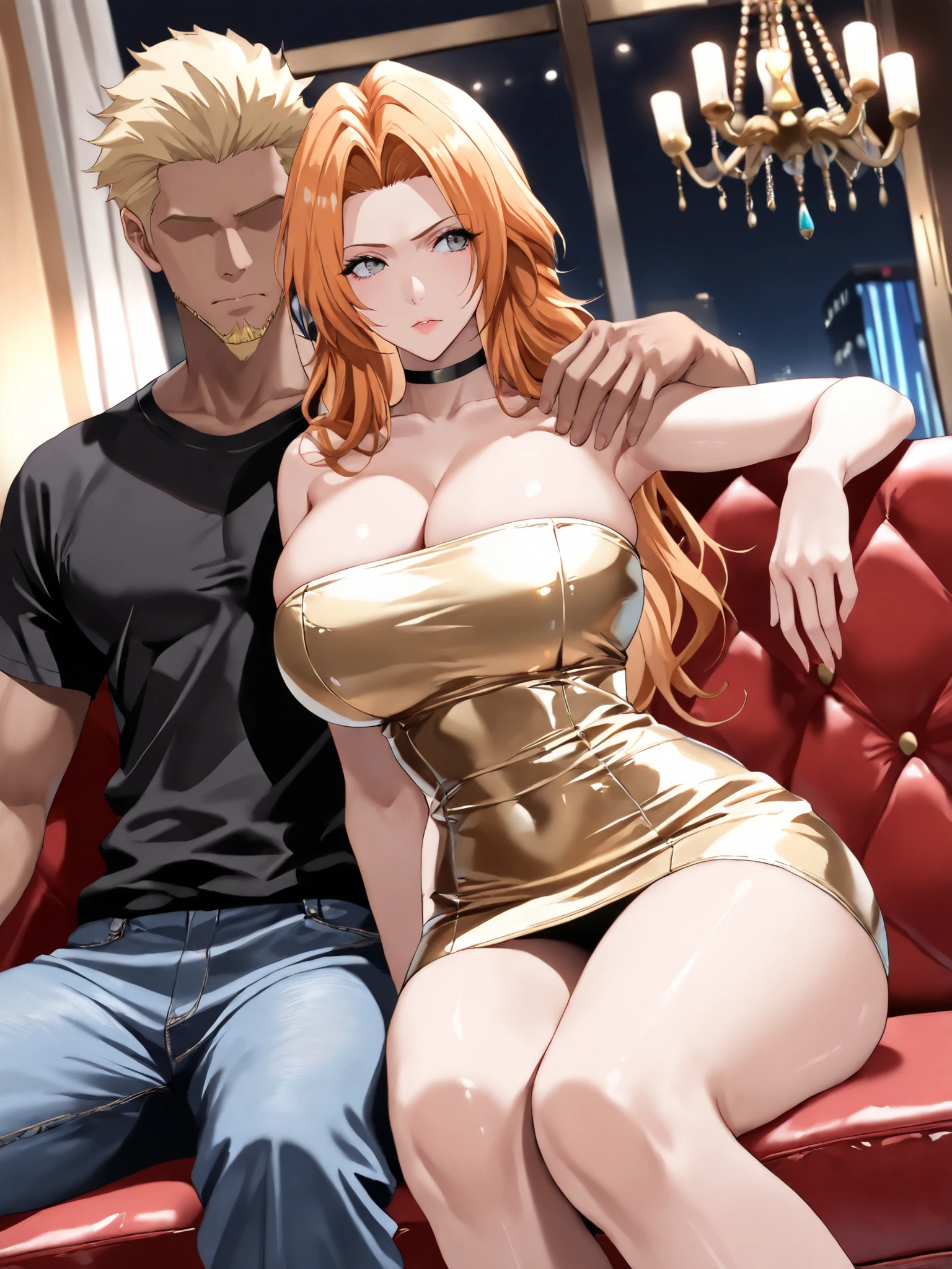 (masterpiece,best quality:1.4),16k,detailed skin,detailed face,detailed eyes,beautiful face,ideal ratio body proportions,BREAK,1woman,rangiku matsumoto,long hair,grey eyes,orange hair,parted bangs,(tall,slender,huge breasts,huge ass),BREAK,(ruanyi1025,black choker,tube dress,short dress,gold dress,strapless),BREAK,night club,sofa,chandelier,BREAK,serious,looking away,sitting,BREAK,nsfw,(hetero,1woman and 1man),(gyaruo,dark-skin,dark-skinned male,faceless male,faceless,netorare,blonde hair,no eyes,short hair,facial hair,1boy),(black t-shirt,denim),man arm on woman's shoulder,BREAK,(front view,front shot)