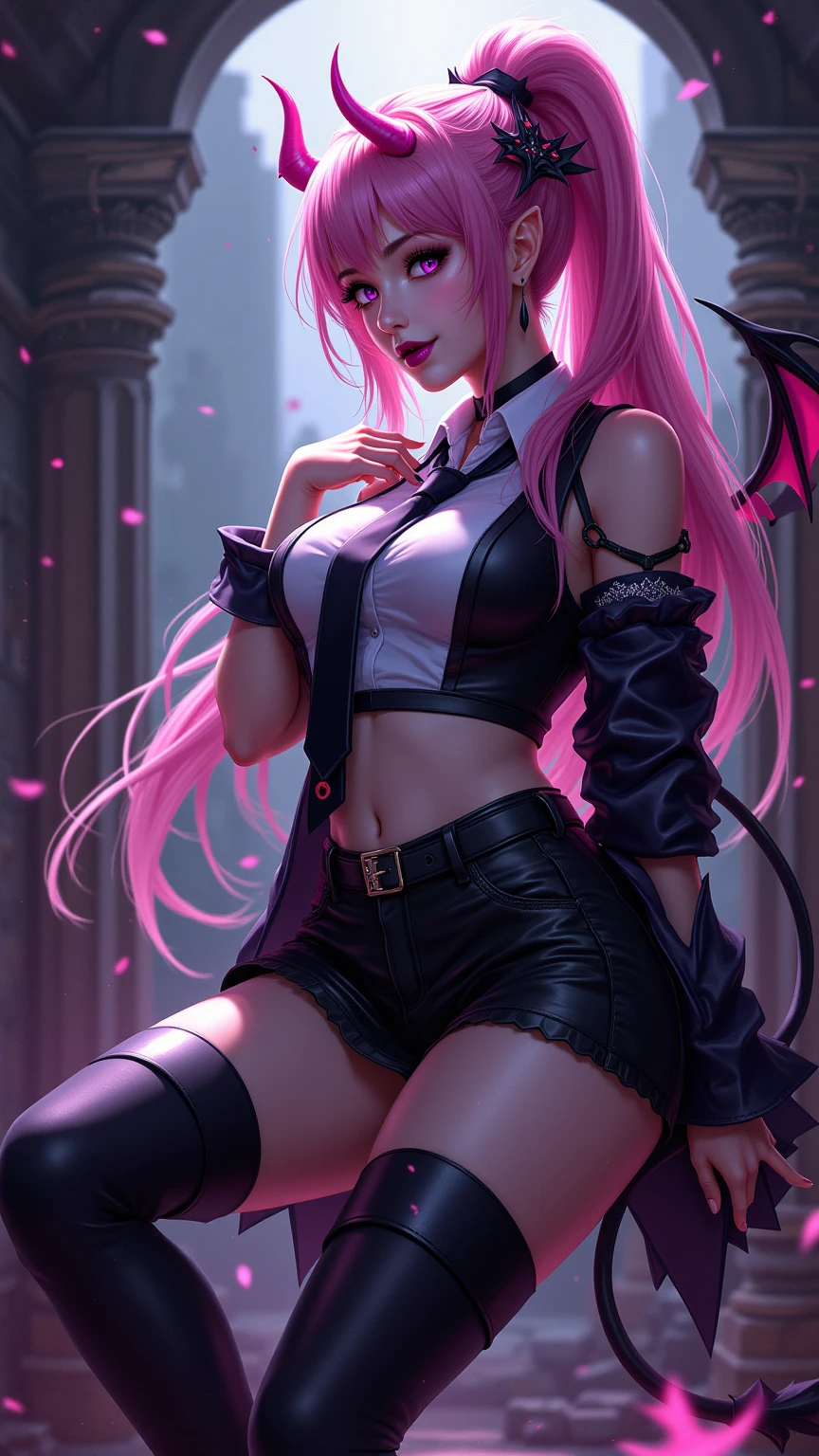 beautiful woman, sexy lingerie, full body, kneeling, stockings, pink hair, ponytail, braids, sharp focus, 4k, wet tshirt, small boobs, flat chest, 1 girl in frame