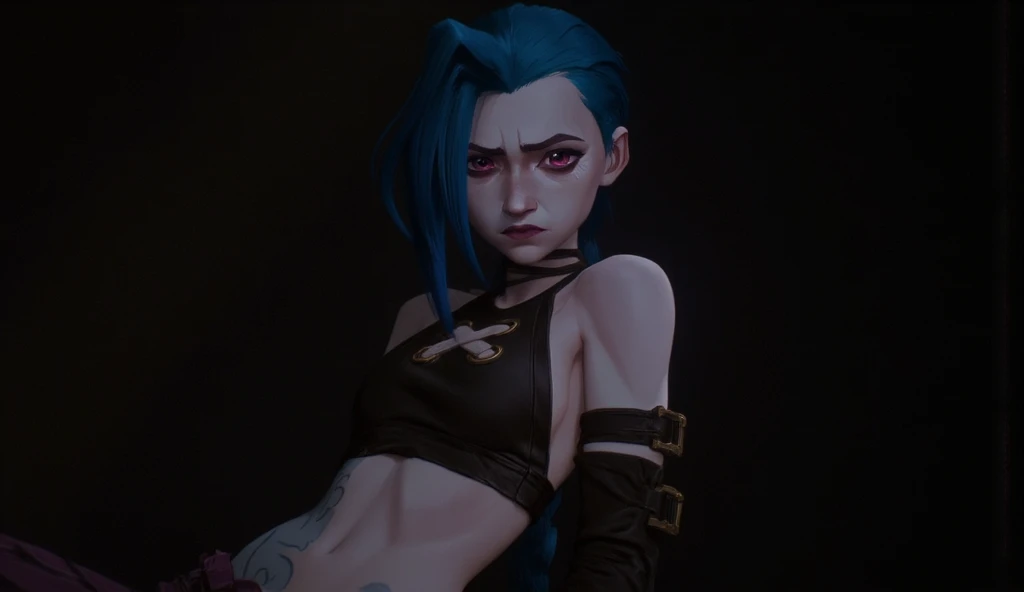 check_9, check_8_ up, check_7_ up, Jinx, очень уально, , face composition center, woman with blue hair and black top, Facing the viewer, голая  , lying on his side, , , , (Aerial view:1.2.), (( Facing the viewer : 1.2.)), ((  : 1.2.), (correct : 1.1.), уальная, short Hair, asymmetric bangs, voluminous short hairstyle,  current makeup , without tails  , voluminous hair slim figure, black top, tight striped pants ,, red and pink eyes , hair is loose, 1girl, One, long hair, shiny, gradient background ,  dark walls  , dark room, darkness, darkness,  ruined room,