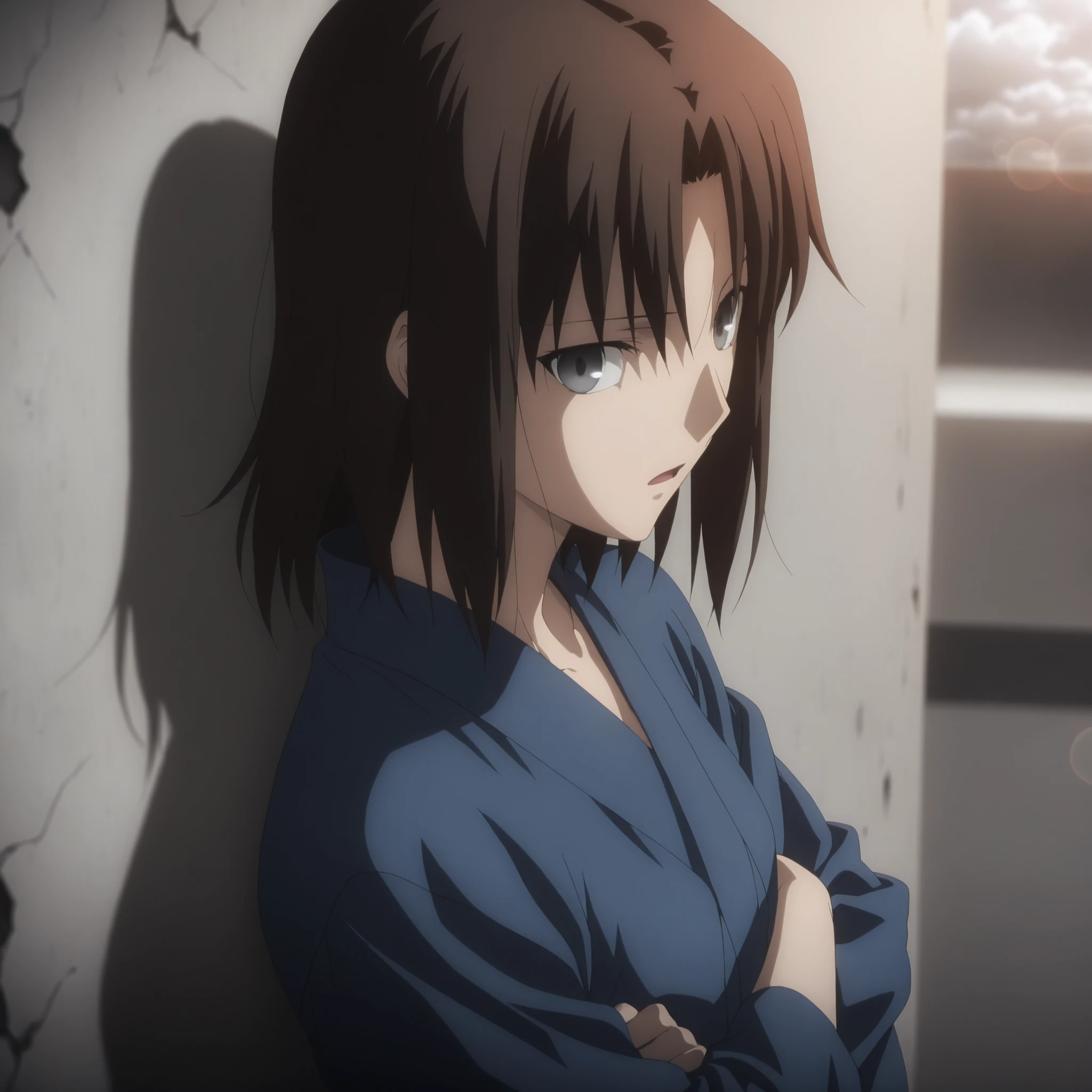 masterpiece, best quality, amazing quality, highres, absurdres, very aesthetic, high resolution, ultra detailed, perfect details, solo, midnight, indoors, ufotable style, (ruined office, cloudy, rainy), (lens flare, blurry background, ), backlight, from side,(from above), close up,
1girl, ufotable style, anime style, (anime coloring:1.5), (anime screencap:1.2) , ,(standing, on wall, ), (worry, upturned eyes, light open mouth, ), (head lift), BREAK
girl, mature, slim body, slender body, ,Ryougi Shiki , TYPE-MOON / Kara no Kyoukai , dark brown hair,medium hair,grey eyes,
(crossed arms ,), blue kimono ,long sleeves, long kimono, bare thigh, (small breasts), flat chest, ((looking at viewer)), expressionless, aged up , concrete, gray background, many TV, broken tv,