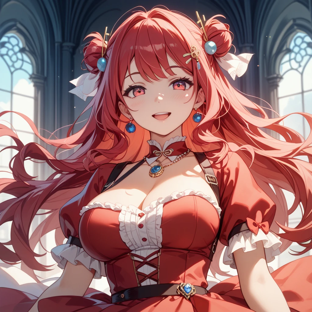 Princess of Darkness with Bloodshot Eyes, Red hair, diadems, Evil smile, Anime style, Lens Flare, high detailing, One-person viewpoint, Cinematic lighting, masutepiece, Super Detail, Best Quality, 8K, nffsw